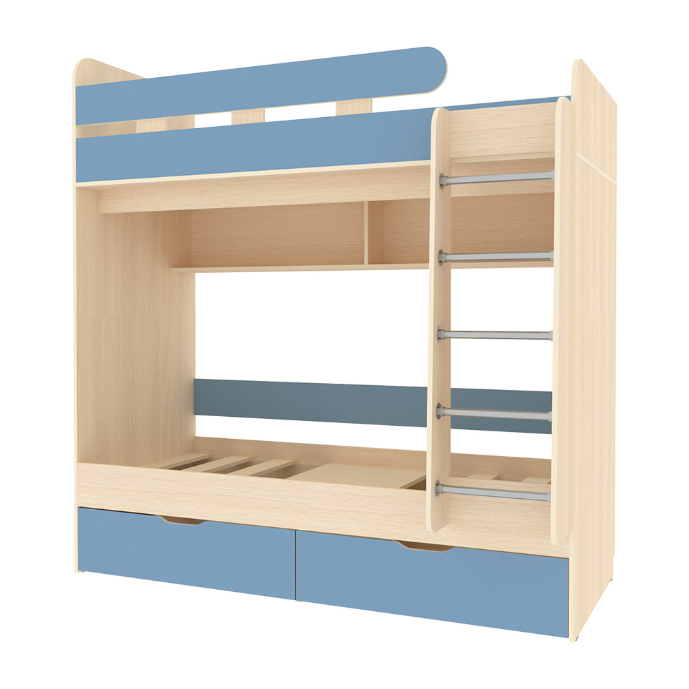 Изображение товара Детская двухъярусная кровать Кариви Юниор 5 из ламинированного ДСП с ящиками и навесной полкой