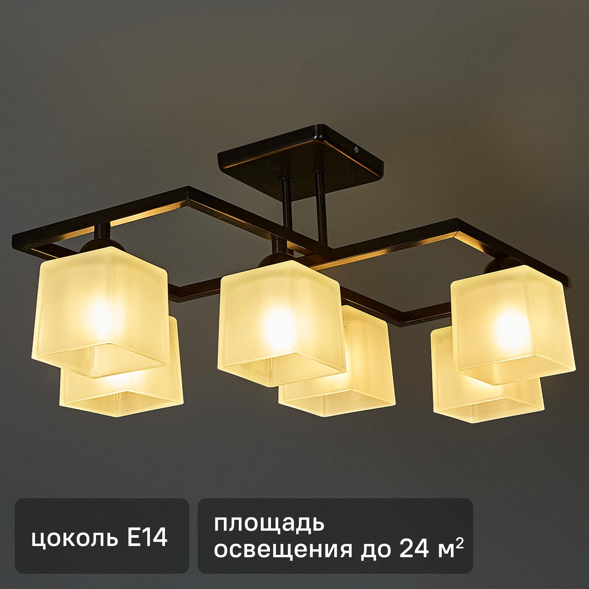 Люстра потолочная Квадро НПБ04-6 60-072 6 лампочек 24 м² цвет черный