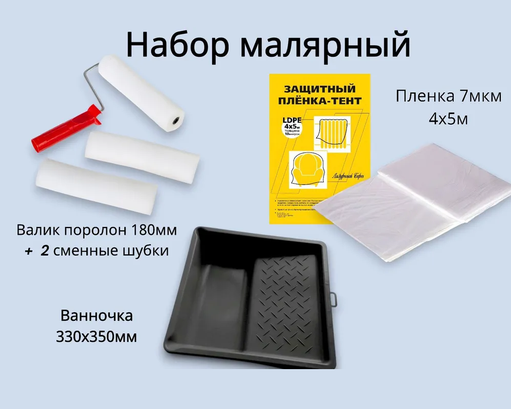 Изображение товара Набор малярный Accurate ванночка 330x350мм валик поролон 180мм 2 сменные шубки пленка 7мкм 4x5м