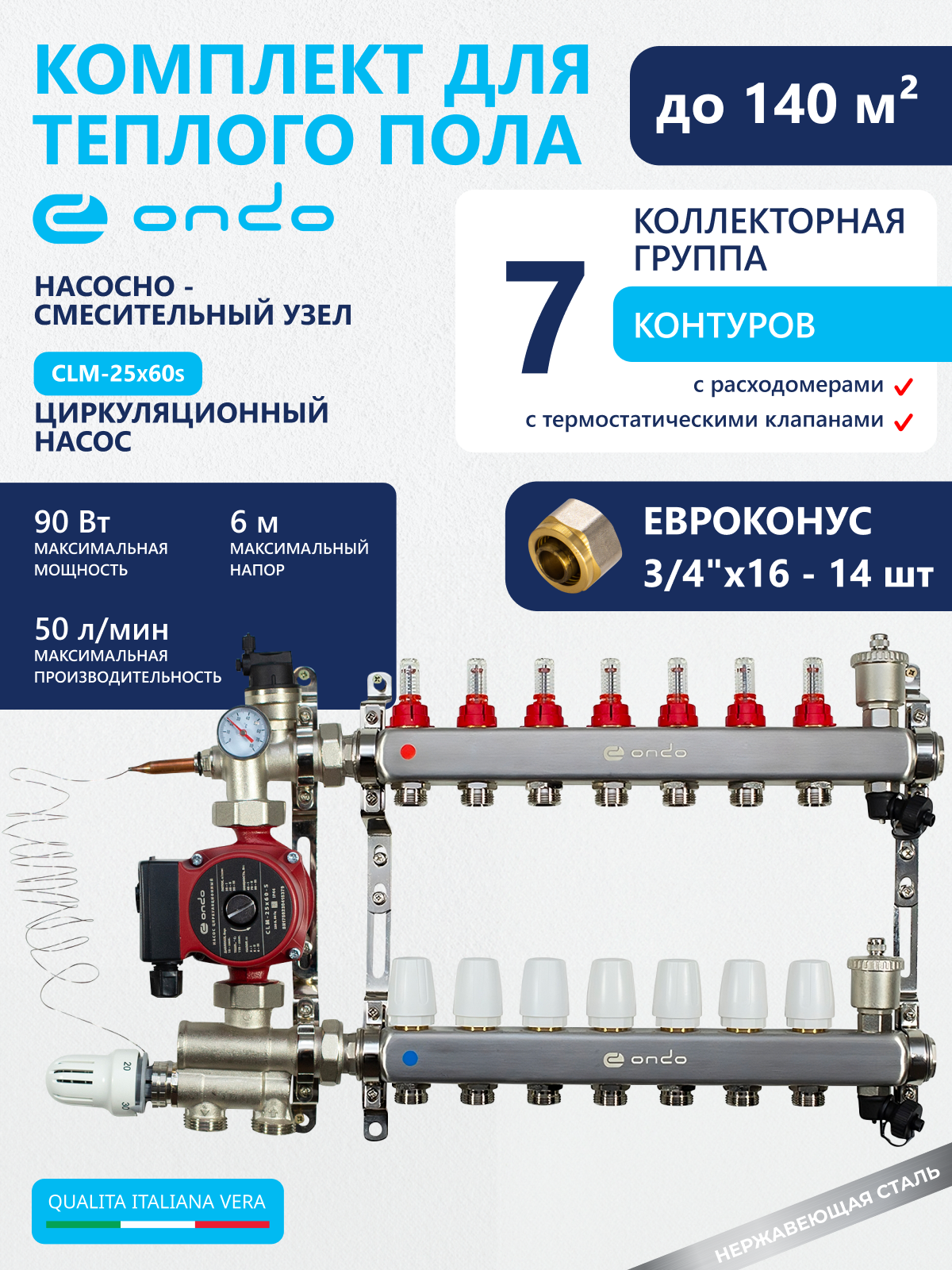Изображение товара Коллекторная группа с расходомерами ONDO 7 выхода для теплого пола 1" x 3/4" нержавеющая сталь