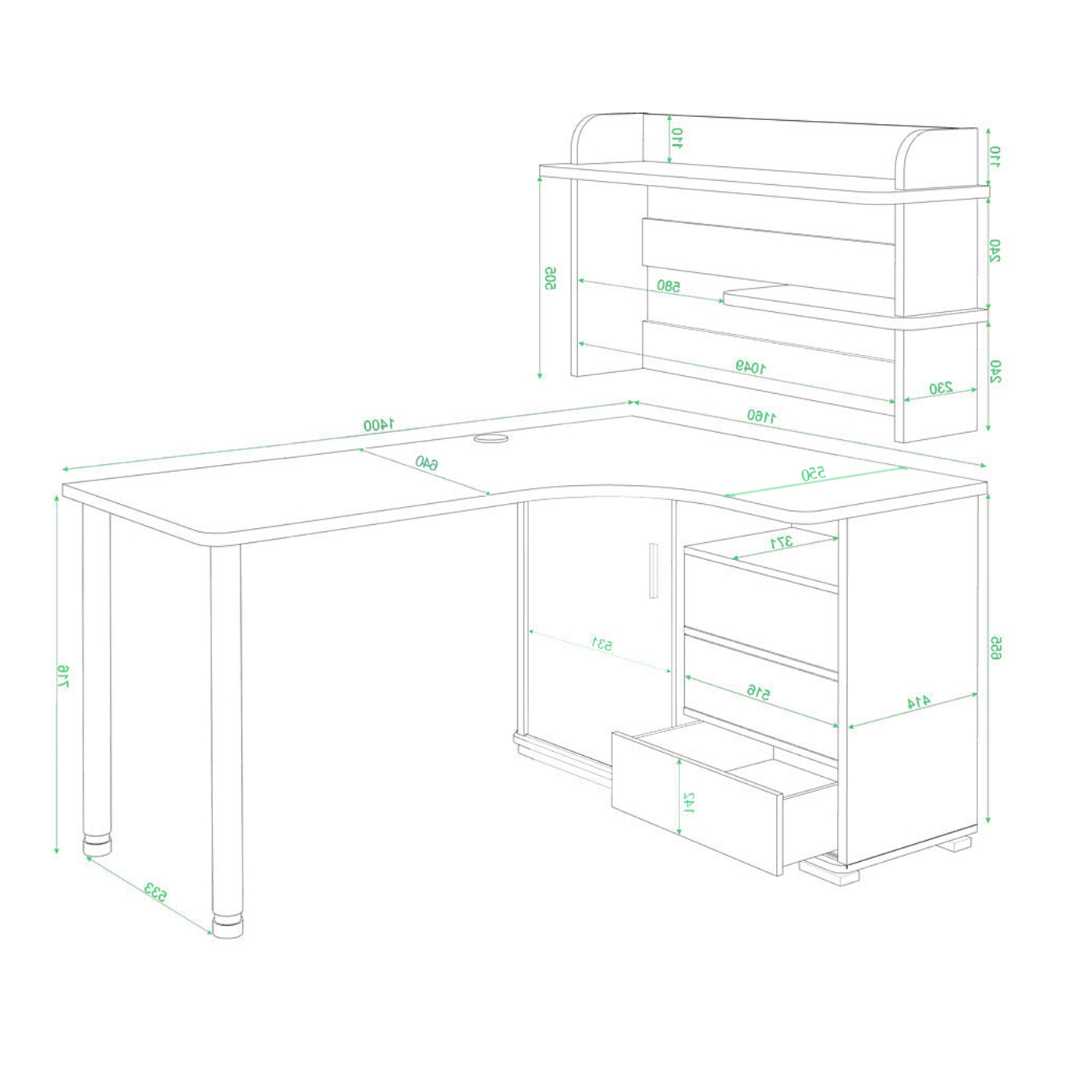 Изображение товара Стол Мэрдэс СР-145М НБЕН-ПРАВ угловой с надстройкой 140x116x139 см ЛДСП белый ясень шимо светлый