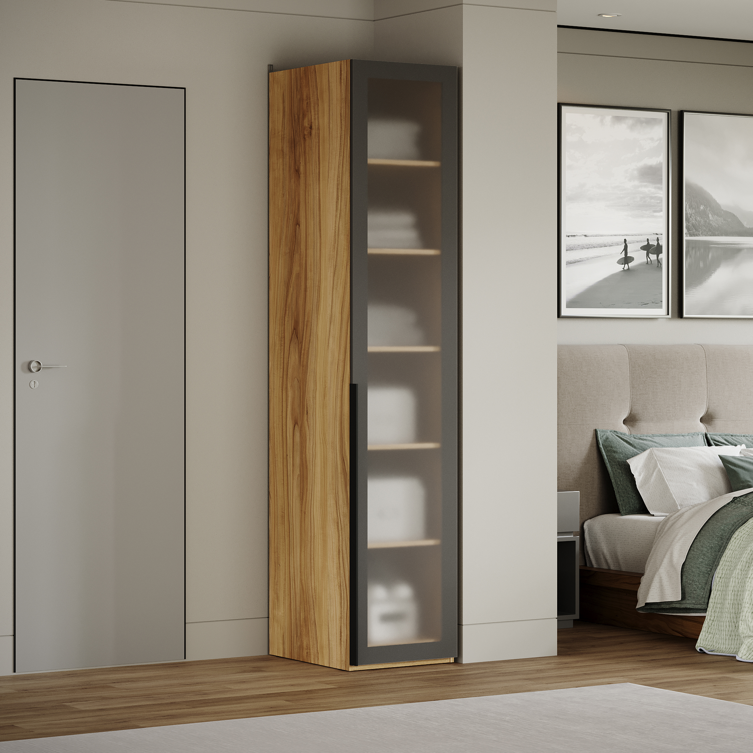 Изображение товара Шкаф Трия 45x217x58 см из ЛДСП цвет яблоня беллуно графит стекло сатин черное