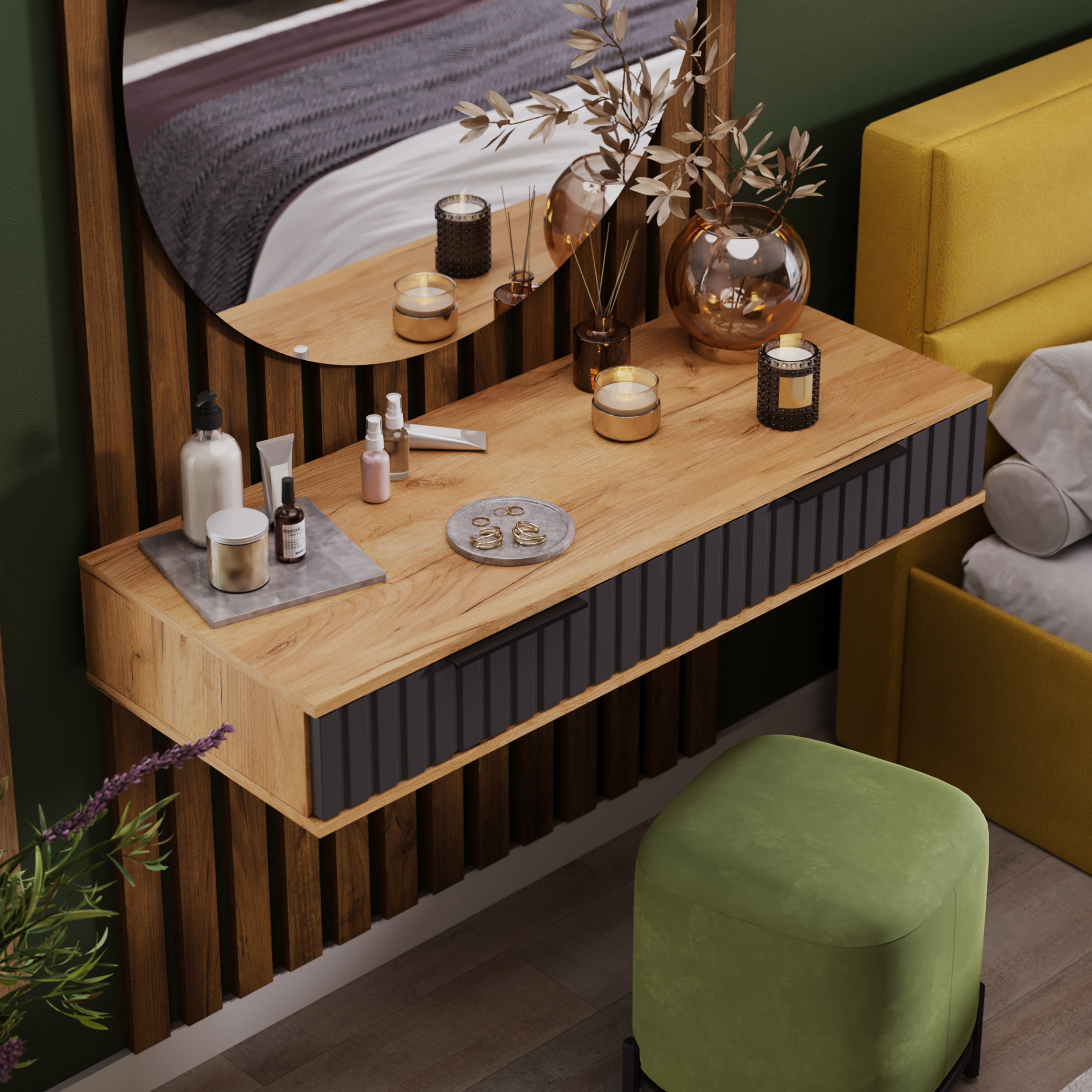 Изображение товара Туалетный столик Трия Хилтон 110x17x43 см цвет дуб крафт золотой графит