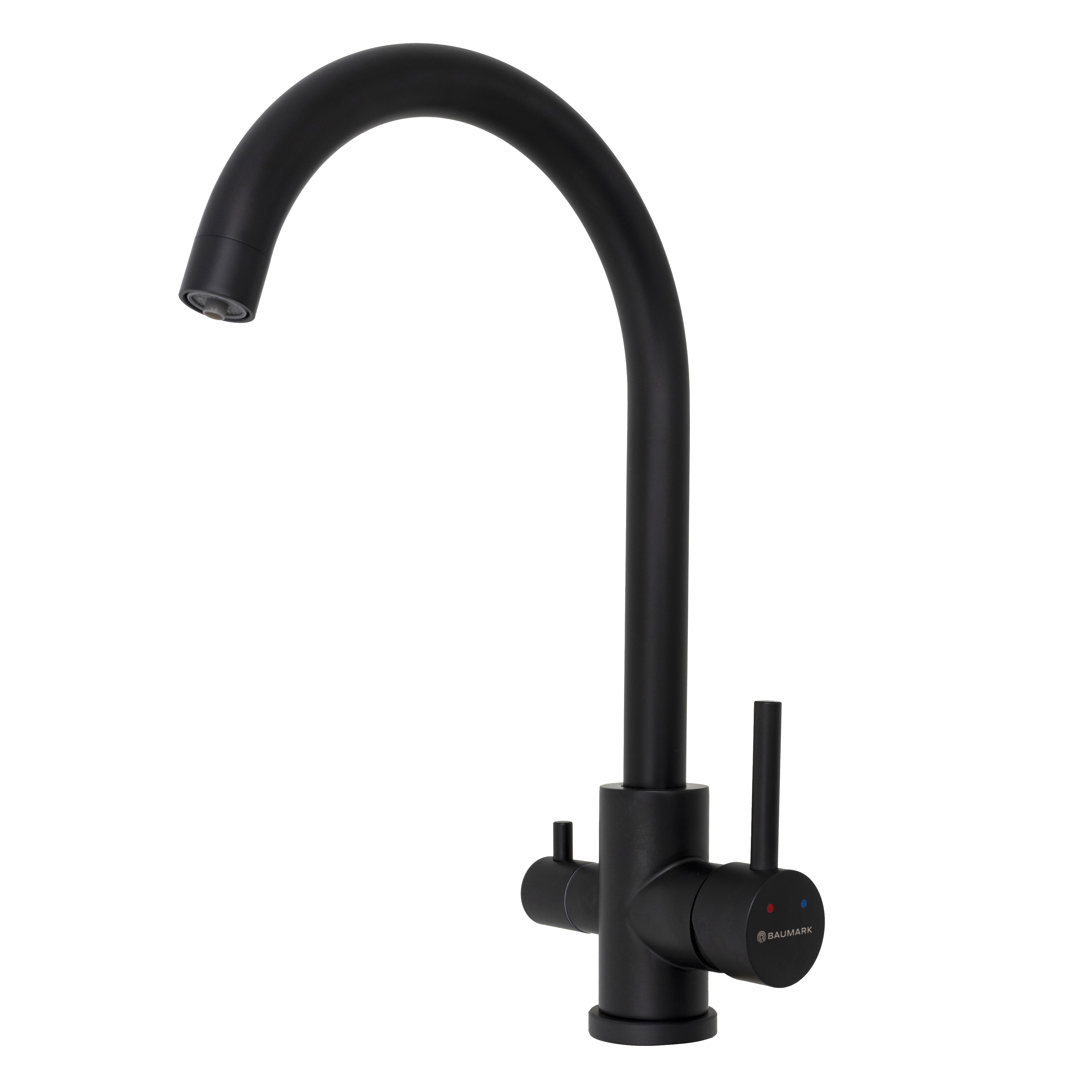 Изображение товара Смеситель для кухни Baumark BM2171 поворотный излив 23.5 см цвет черный матовый Изображение товара Смеситель для кухни Baumark BM2171 поворотный излив 23.5 см цвет черный матовый