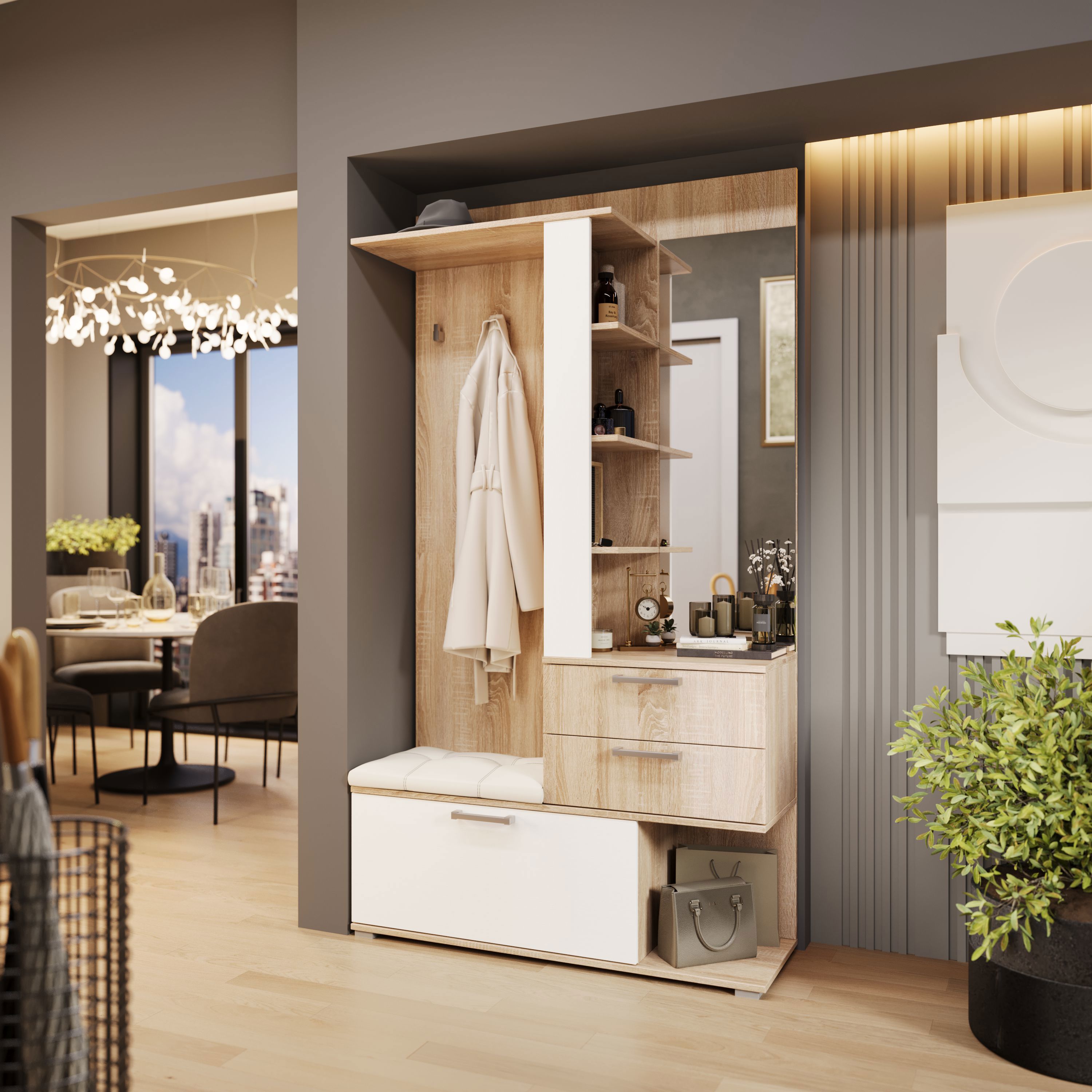 Изображение товара Комплект мебели для прихожей Трия Эрика 110x198x36 см ЛДСП Дуб Сонома и Белый