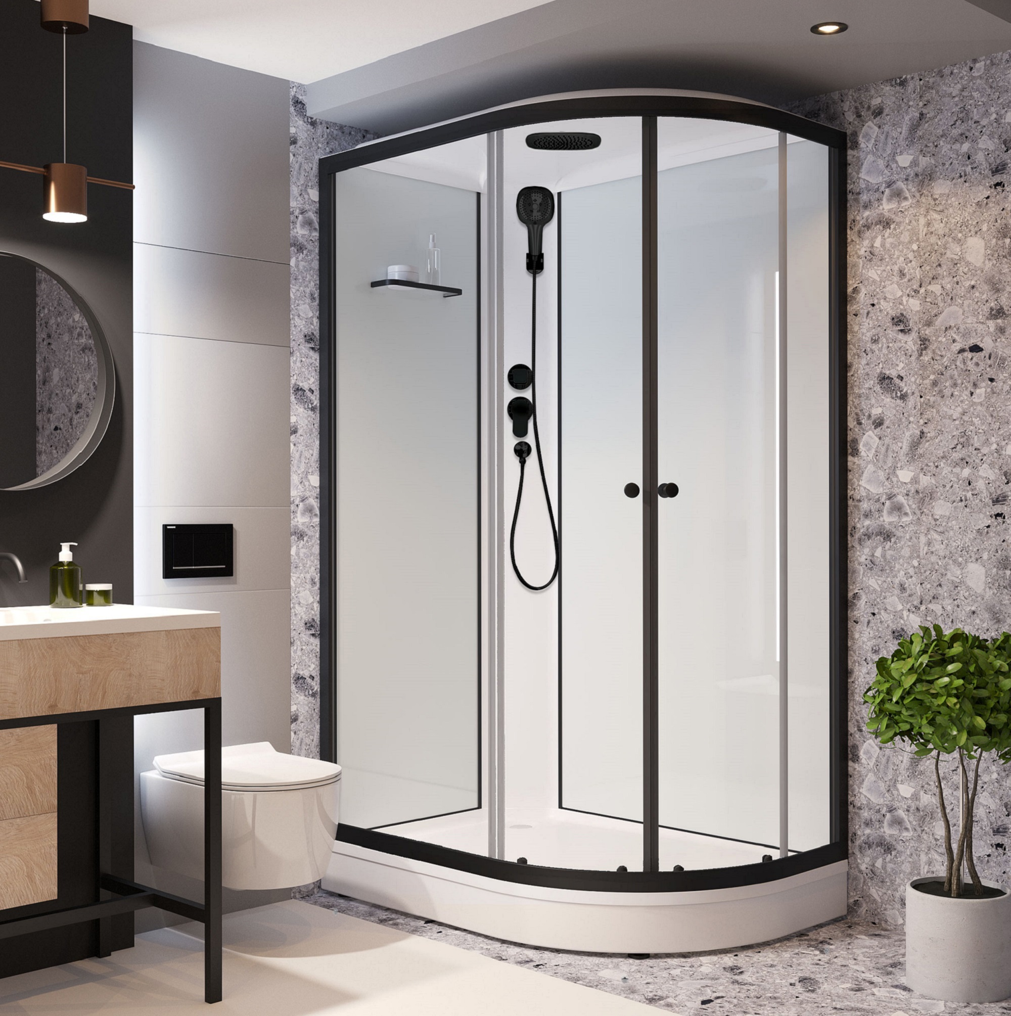 Изображение товара Душевая кабина Domani-Spa Delight Slim 128 L DS01DS128LLWCl00.Gt-Black.MP.P. низкий поддон. белые стенки прозрачное стекло графит профиль 120x80x218