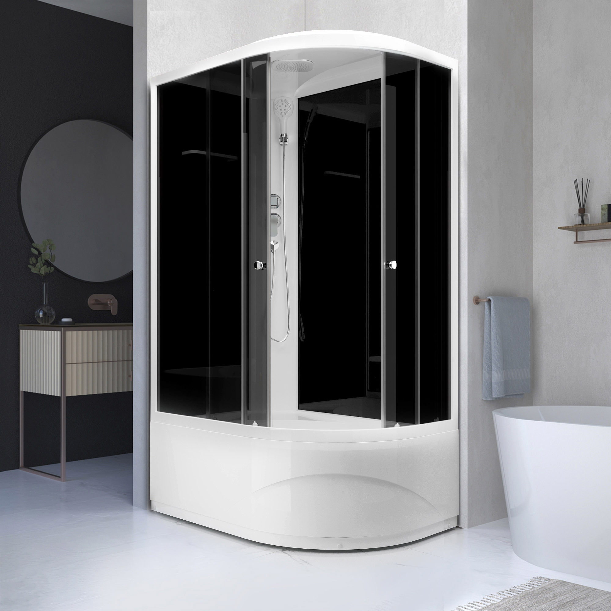Изображение товара Душевая кабина Domani-Spa Delight Slim 128 high L 120x80x218 см высокий поддон черные стенки, тонированное стекло