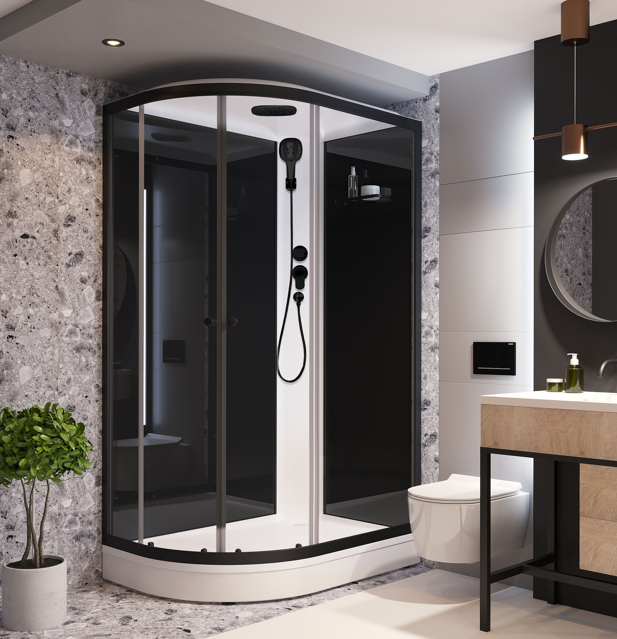 Изображение товара Душевая кабина Domani-Spa Delight Slim 128 R 120x80x218 низкий поддон черные стенки, прозрачное стекло, графит профиль, Black accents