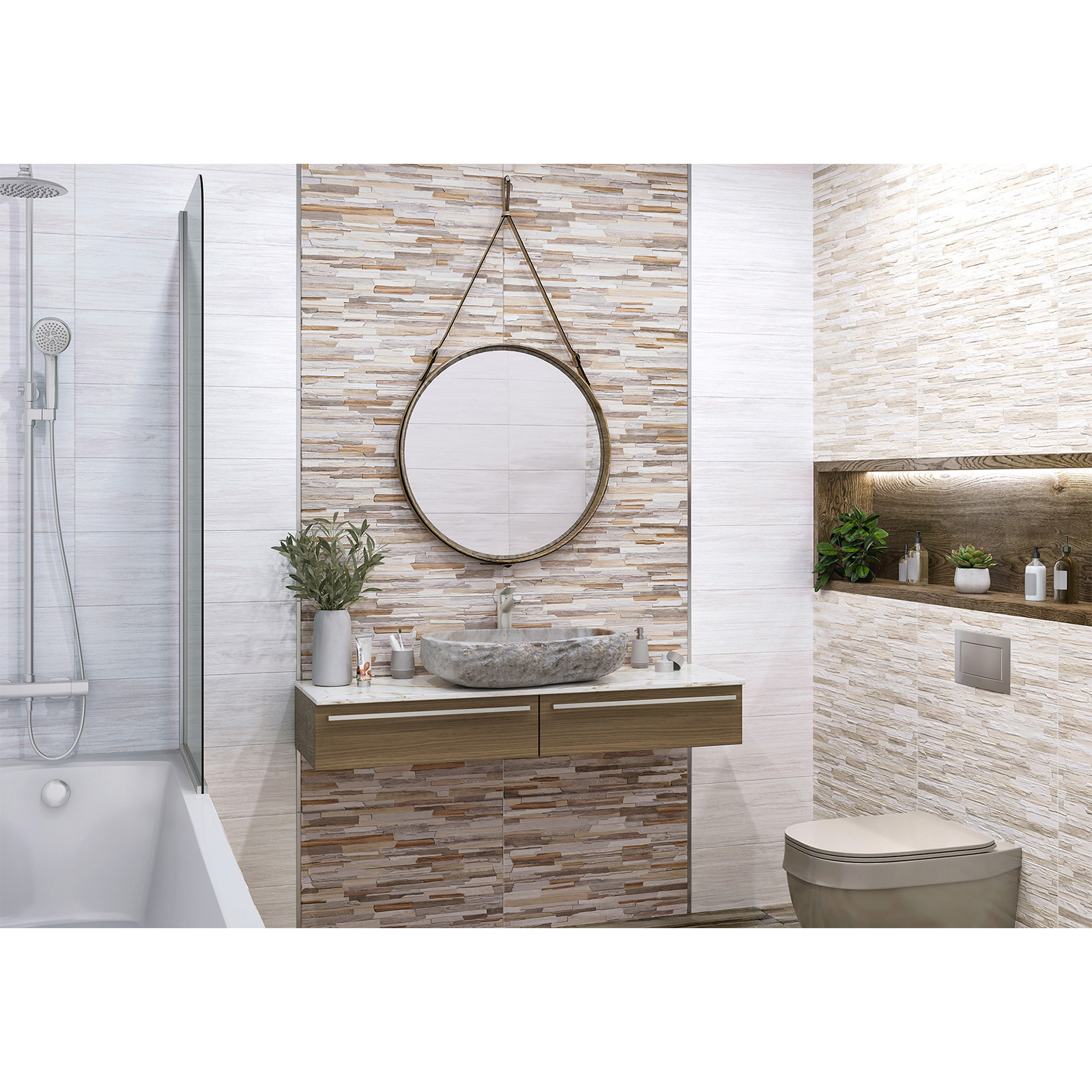 Изображение товара Настенная плитка Alma Ceramica Arteo 20x60 см Бежево-белая рельефная