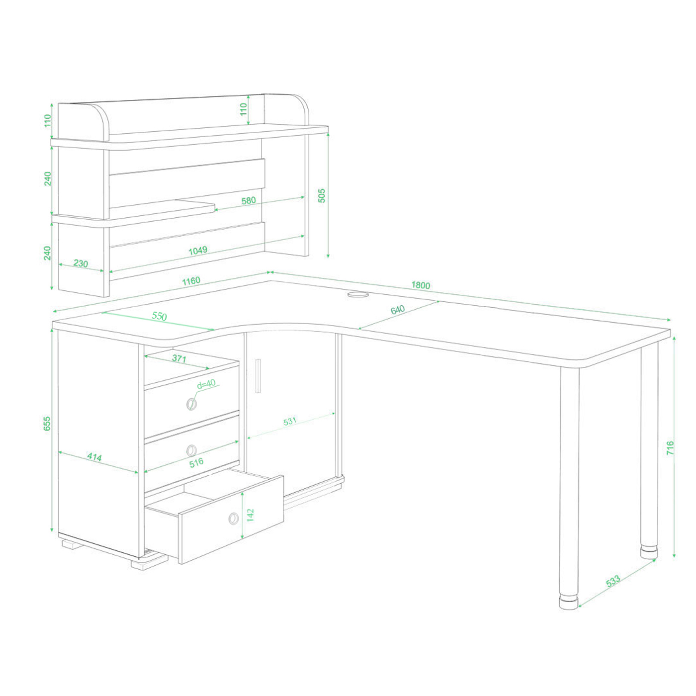Изображение товара Стол Мэрдэс СР-185М КШК-Ч-ЛЕВ угловой из ЛДСП большой рабочий пространство