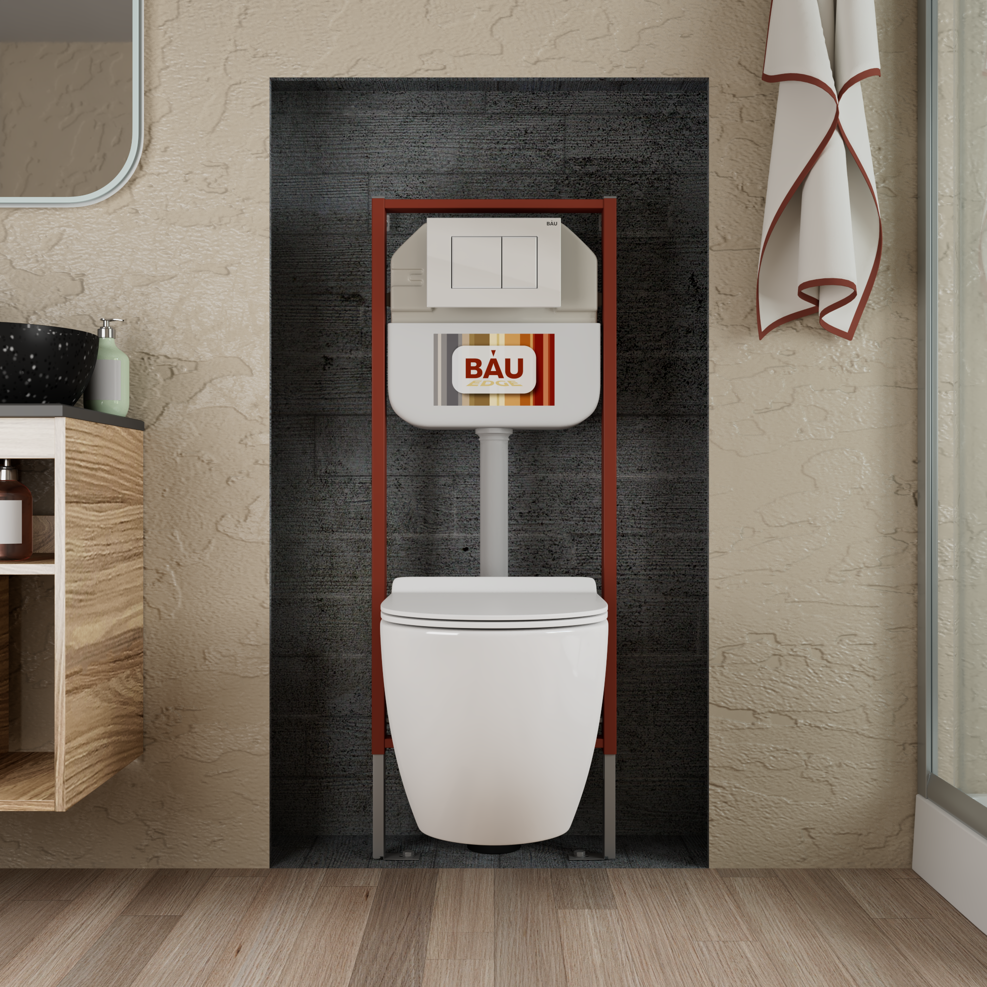 Изображение товара Комплект инсталляция и унитаз Bauedge Stil1 6 в 1 безободковый сливой 3/6 л Россия