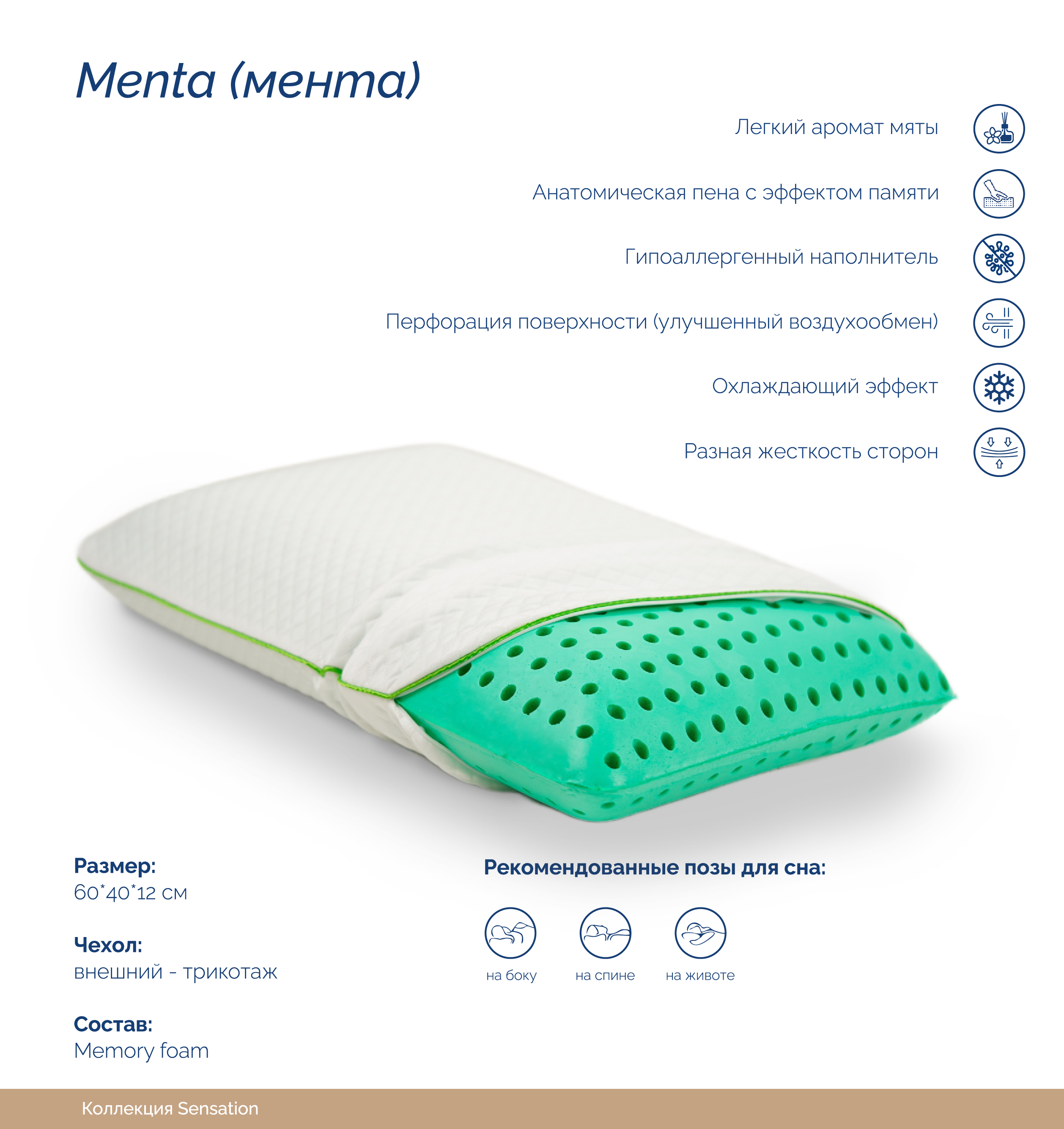 Изображение товара Анатомическая подушка Lineaflex Menta 40x60 см с ароматом мяты гипоаллергенная