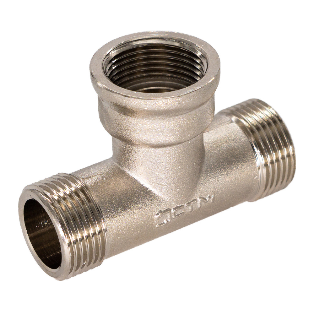 Изображение товара Тройник латунный 3/4"x3/4"x3/4" с никелированным покрытием для водопровода