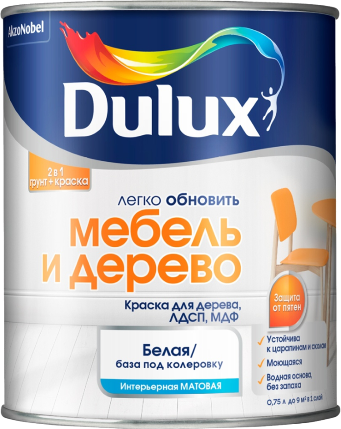 Изображение товара Dulux краска для внутренних работ матовая белая 0.75 л для мебели и дерева
