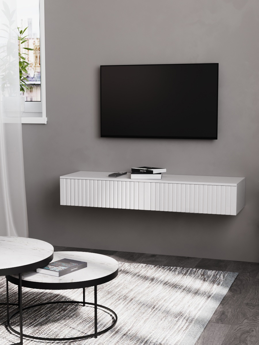 Изображение товара Тумба под телевизор Storys Сити 110x18x34 см белая современная мебель для гостиной