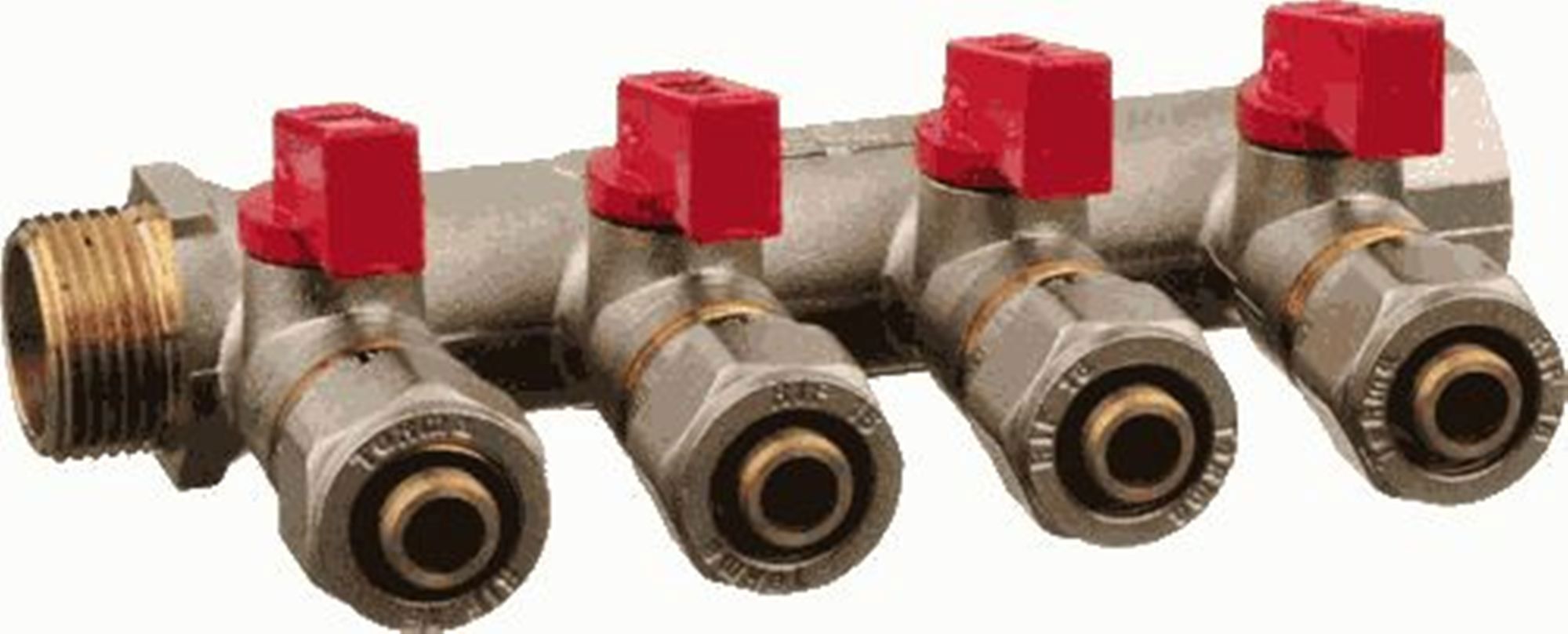 Изображение товара Коллектор латунный на 4 выхода с шаровыми кранами 3/4" и 1/2" для водоснабжения и отопления