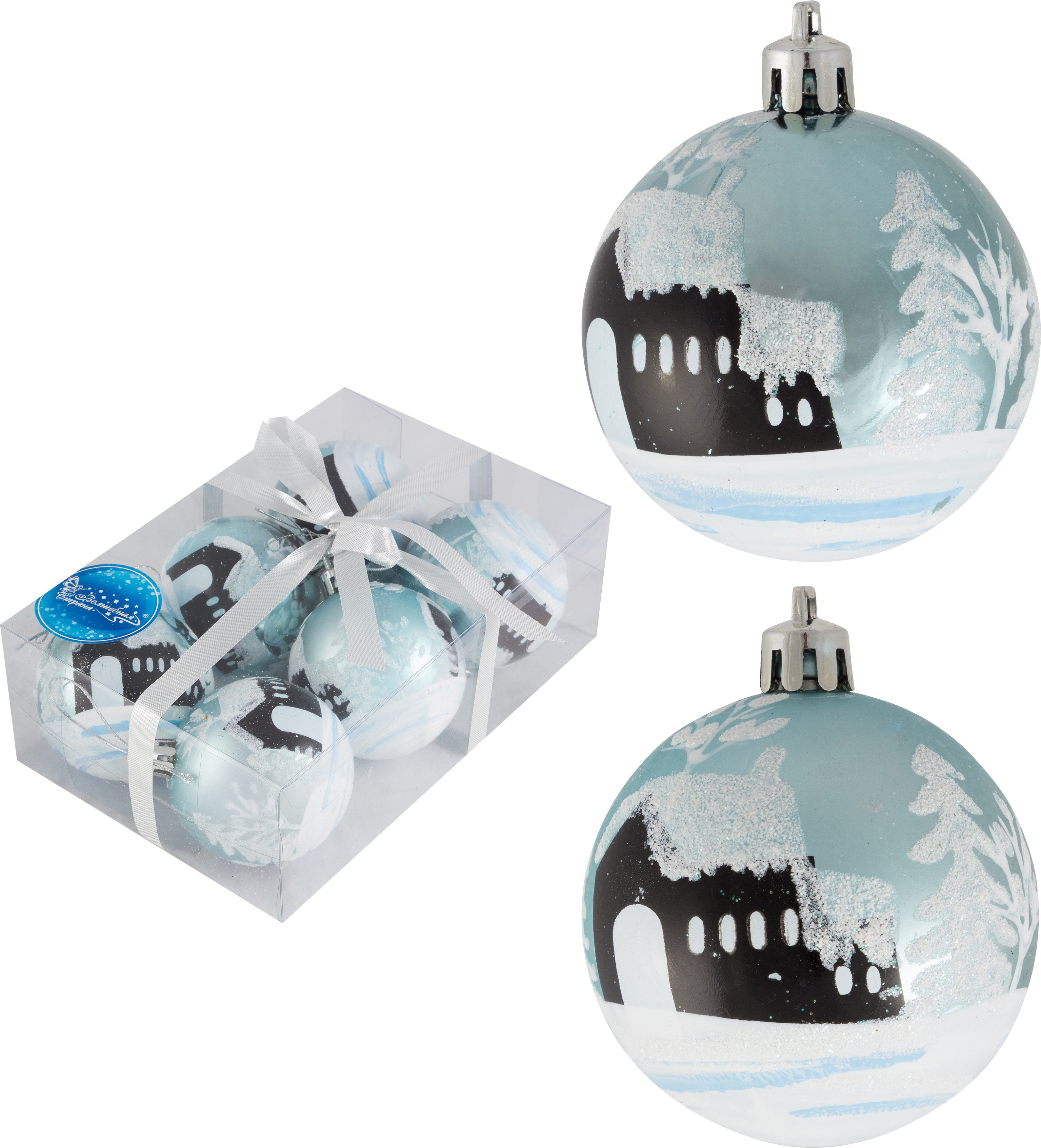 Изображение товара Набор елочных шаров Волшебная страна 007496 Зимний пейзаж 6 см пластик разноцветный 6 шт