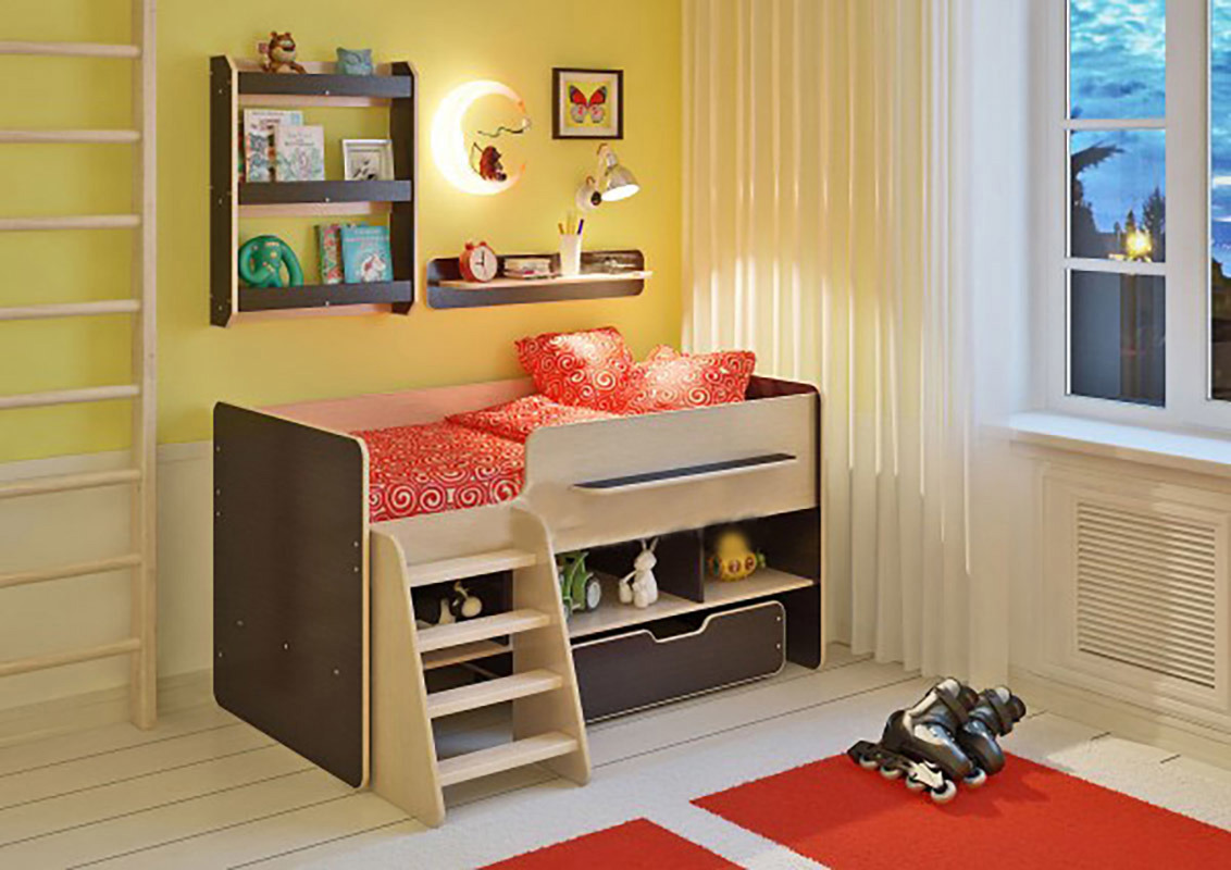 Изображение товара Кровать с полками-чердак Кариви Сказка 165x90x125 см ЛДСП цвет дуб молочный/вене