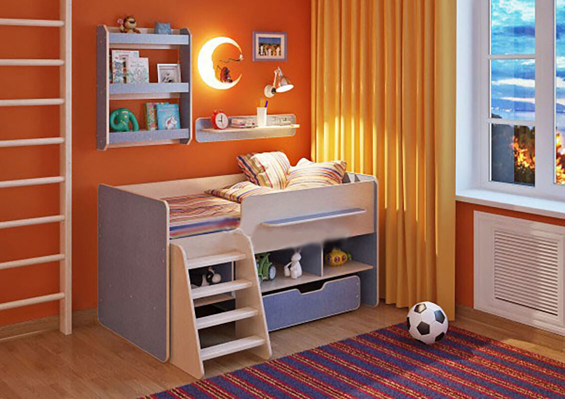 Изображение товара Детская кровать-чердак с полками и ящиком Кариви Легенда 165х90 см светлый дуб голубой