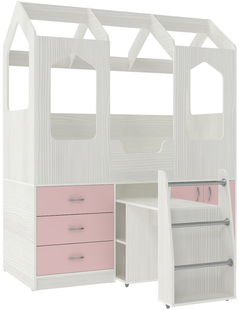 Изображение товара Кровать-чердак Кариви Сказочный Домик ДС-14 белое дерево/розовый