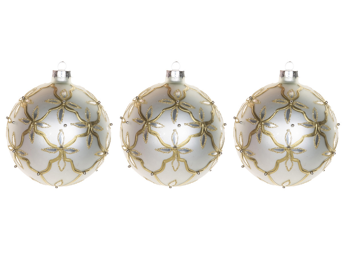 Изображение товара Набор елочных шаров Karlsbach белый шар с золотыми цветками 3 шт 10 см