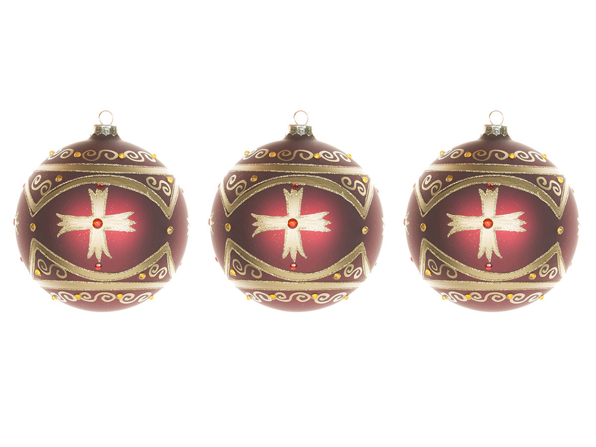 Изображение товара Набор елочных шаров бордовый с золотым крестом 3 шт 10 см KARLSBACH