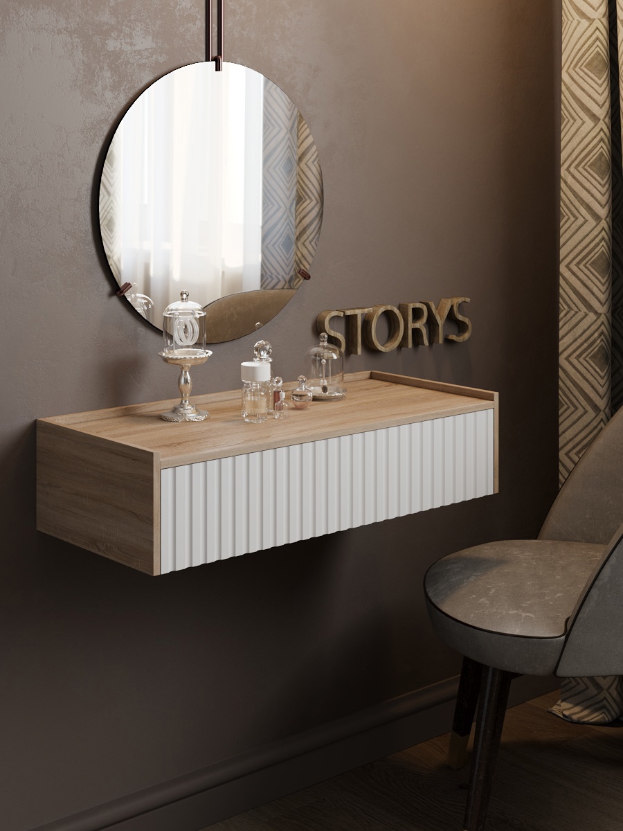 Изображение товара Консоль STORYS City 75x18x34 см с бортиком и 1 ящиком, белый/дуб сонома