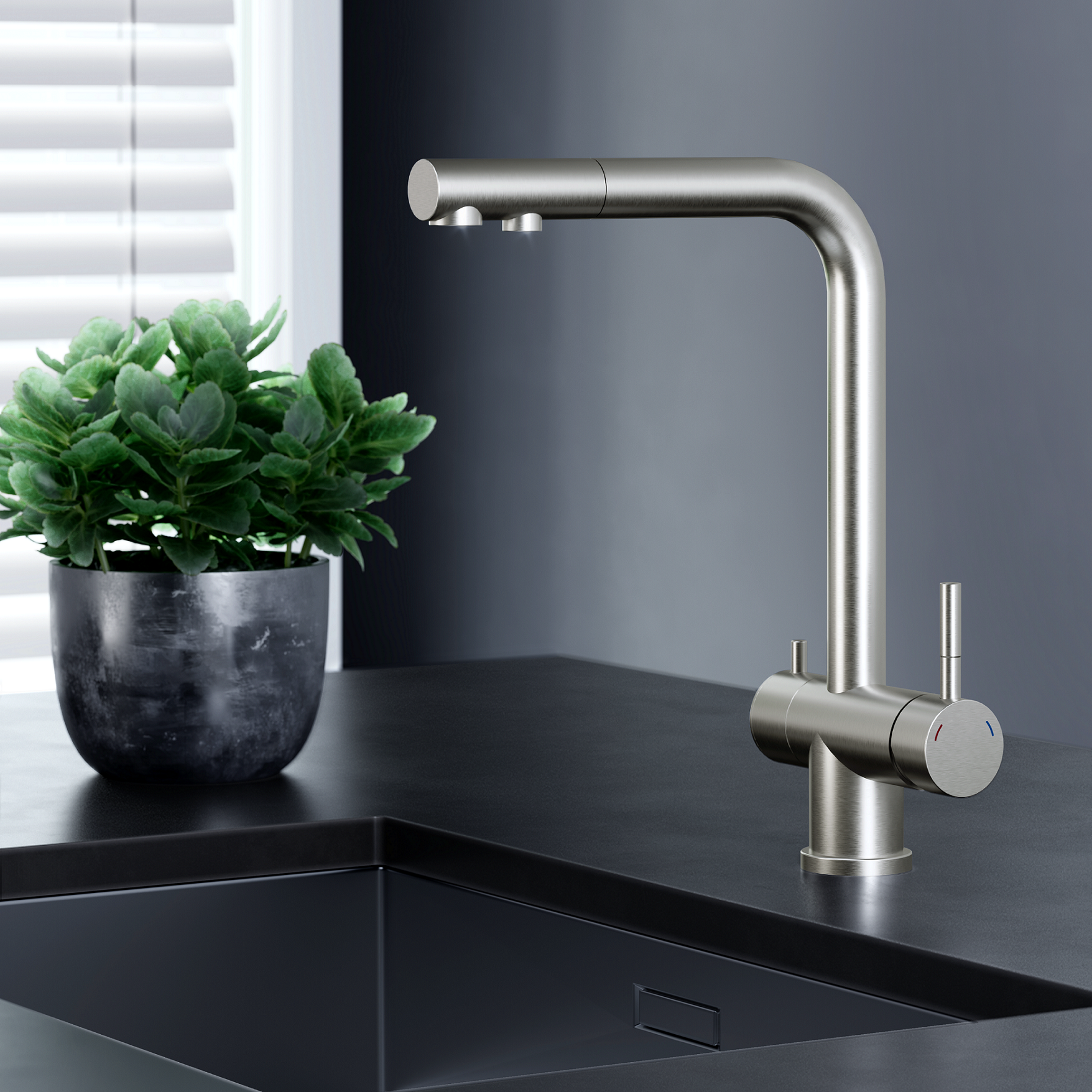 Изображение товара Смеситель для кухни Esko line с подключением к фильтру поворотный излив 31 см цвет черный матовый