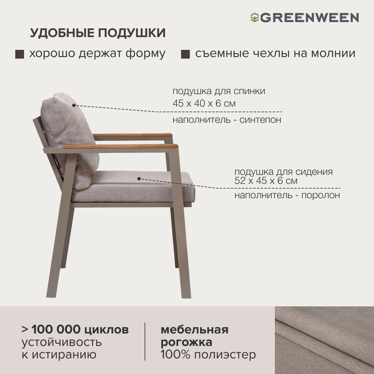 Изображение товара Садовый стул с подушками Greenween Santorini бежевый алюминий и лиственница