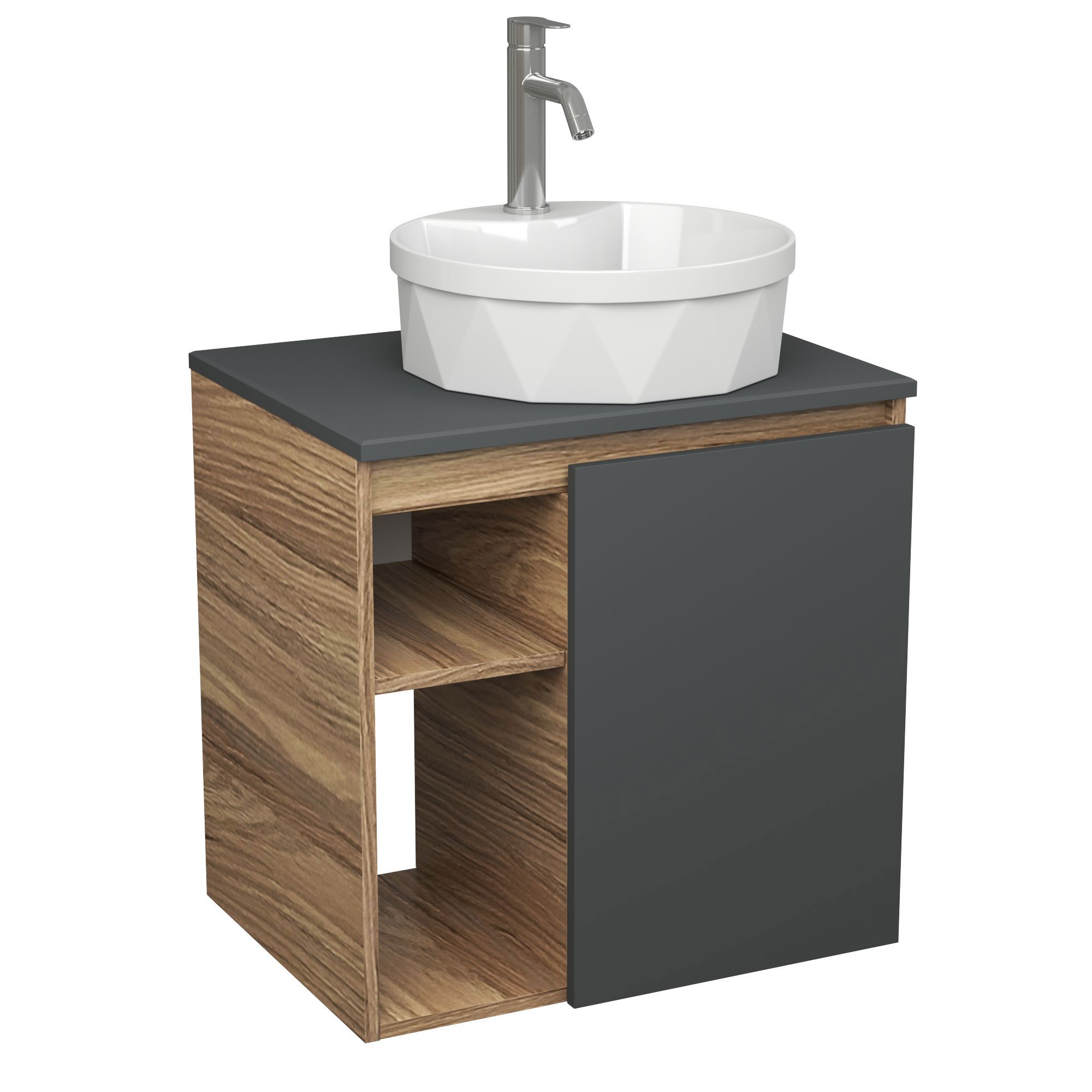 Изображение товара Тумба Bauedge Bau Dream Blackwood 60 правая графит раковина BAU Element Cristal D40 белая смеситель Hotel Dream нерж. сталь