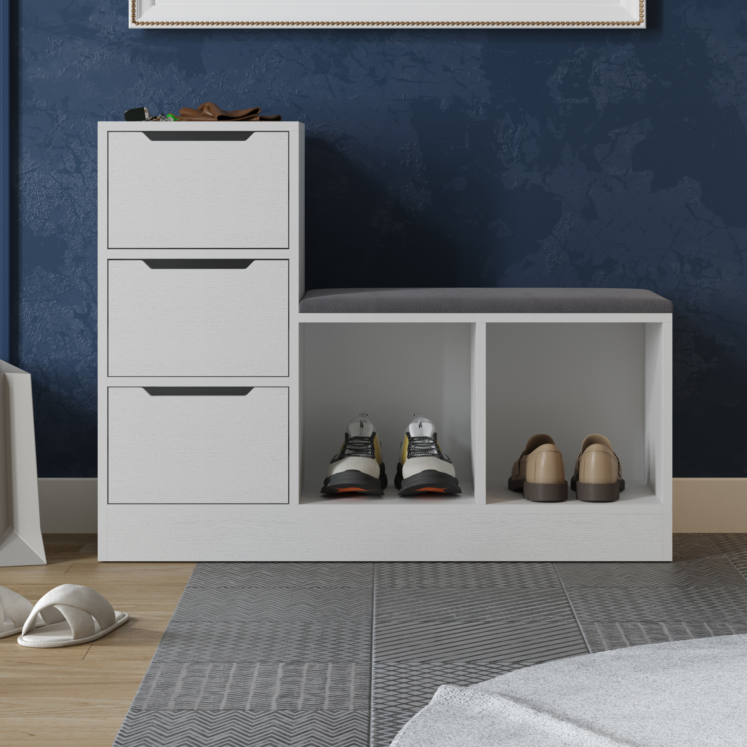 Изображение товара Тумба для обуви Трия 97x75x32 см ЛДСП белый ясень с сиденьем и ящиками