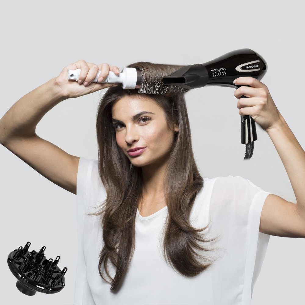 Изображение товара Фен Endever AURORA-474 мощность 2200 Вт, черный, с диффузором и концентратором