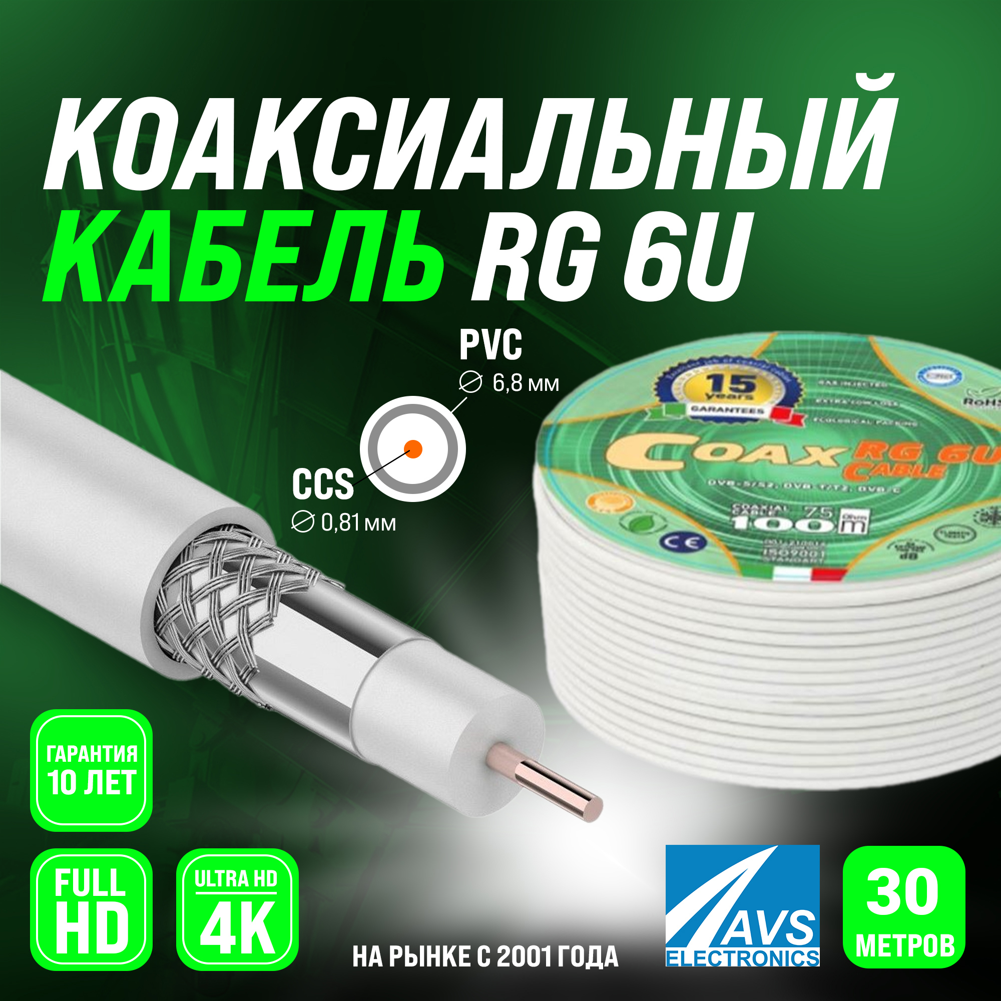 Изображение товара Коаксиальный кабель Ripo RG 6 U 30 м для телевизоров и сигнала
