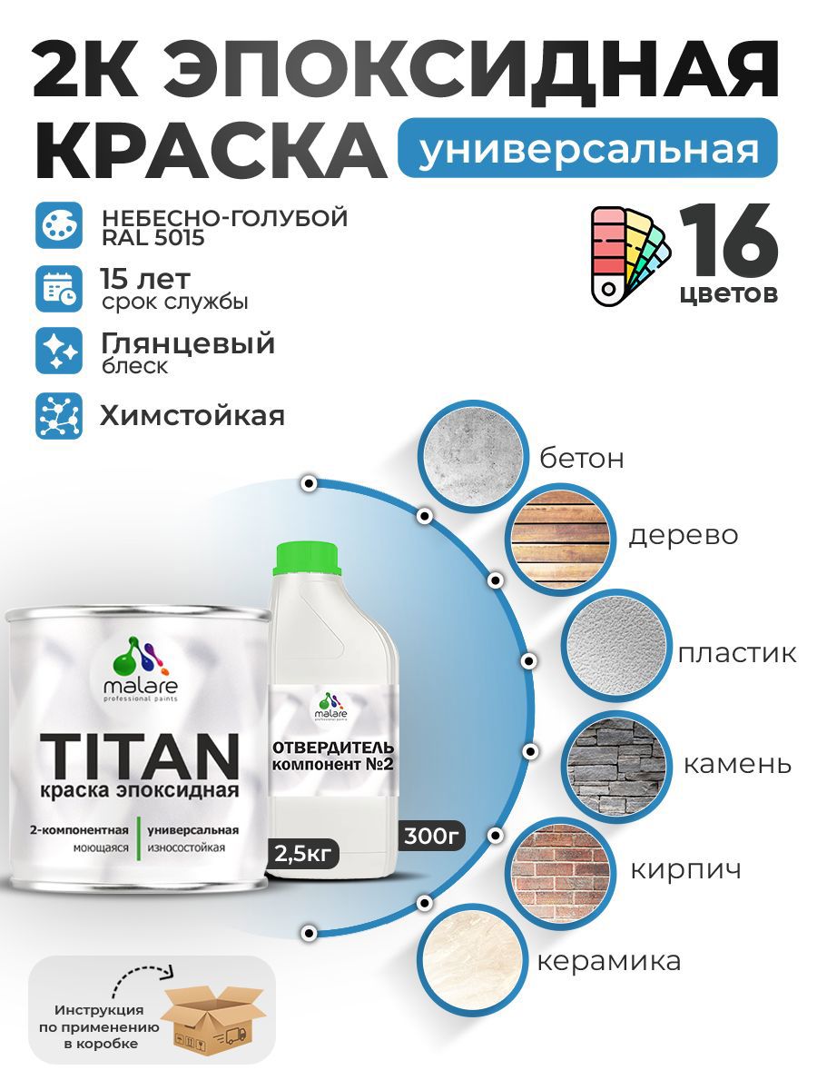 Изображение товара Краска эпоксидная двухкомпонентная Malare Titan высокопрочная глянцевая цвет RAL 5015 небесно-голубой 2.5 кг отвердитель 0.3 кг