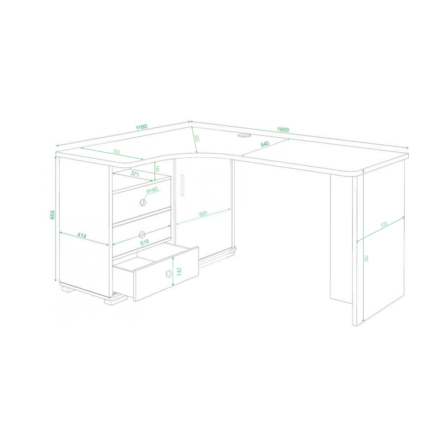 Изображение товара Стол Мэрдэс СР-165С ВБЕВ-ПРАВ угловой из ЛДСП с ящиком и большим рабочим пространством