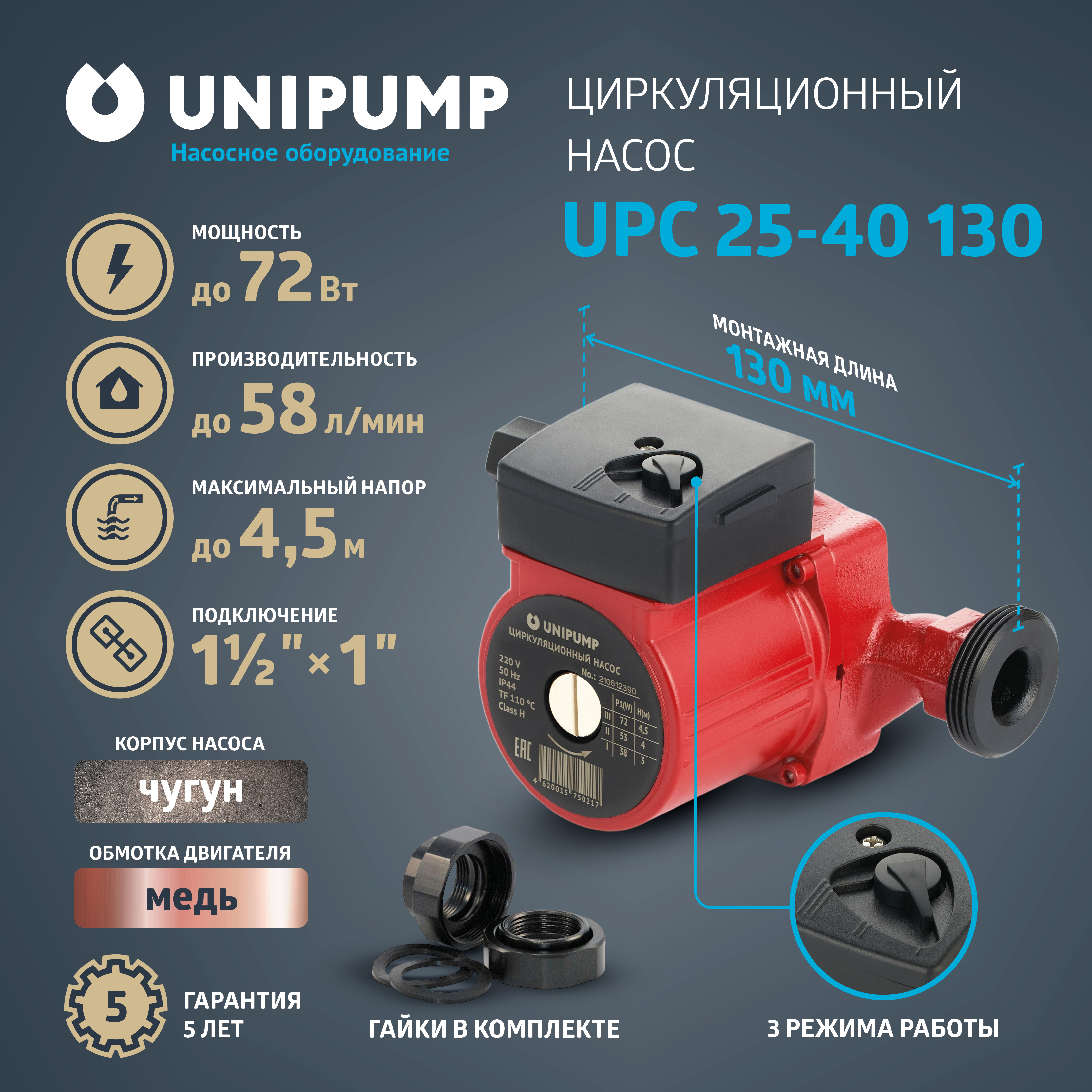 Изображение товара Циркуляционный насос Unipump UPC 25-40 130 для систем отопления и водяных полов