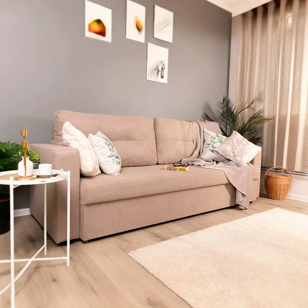 Изображение товара Диван Мафтин Аракуль 222x81x82 см велюр бежевый еврокнижка современный стиль