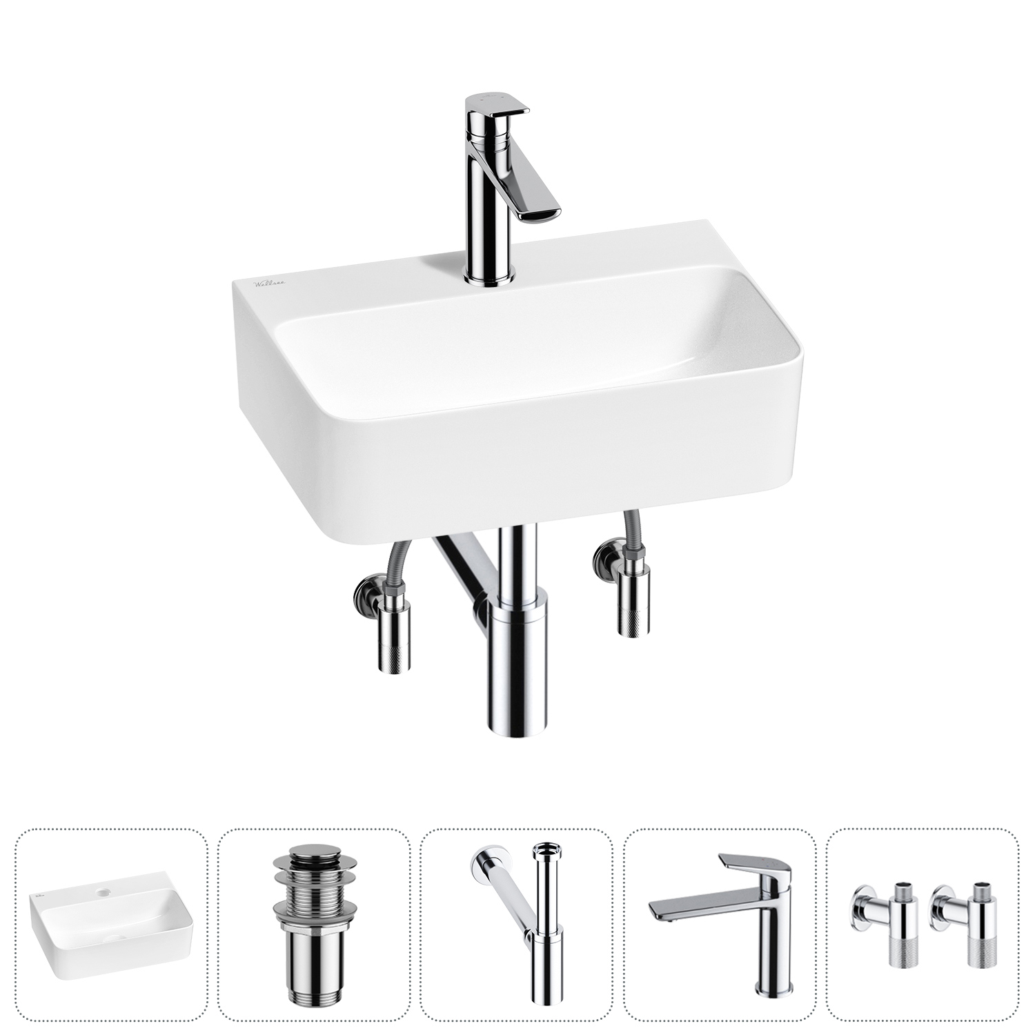 Изображение товара Раковина мини Wellsee WC Area 37см с донный клапаном сифоном смесителем и вентилем 20213606R