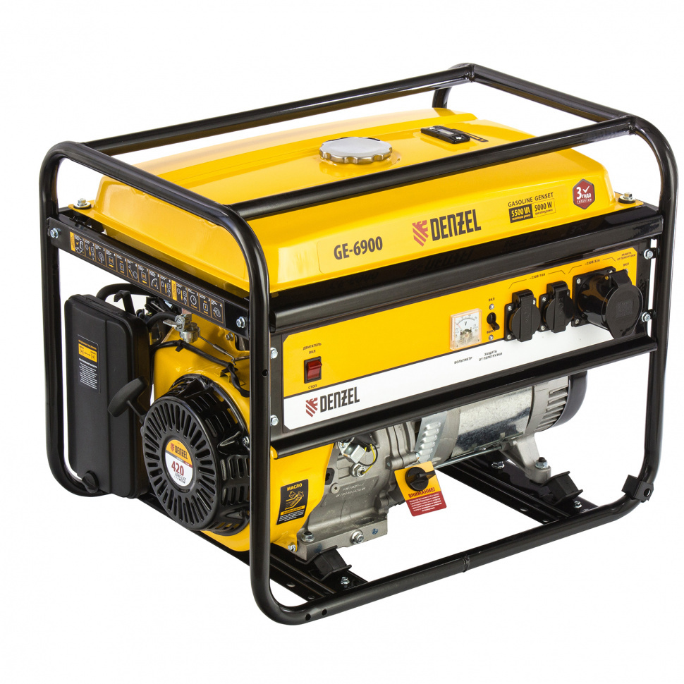Изображение товара Генератор бензиновый Denzel GE 6900, 5.5 кВт, 220 В/50 Гц, 25 л, ручной старт