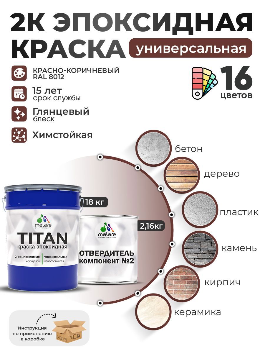 Изображение товара Краска эпоксидная двухкомпонентная Malare Titan высокопрочная глянцевая цвет RAL 8012 красно-коричневый 18 кг отвердитель 2.16 кг