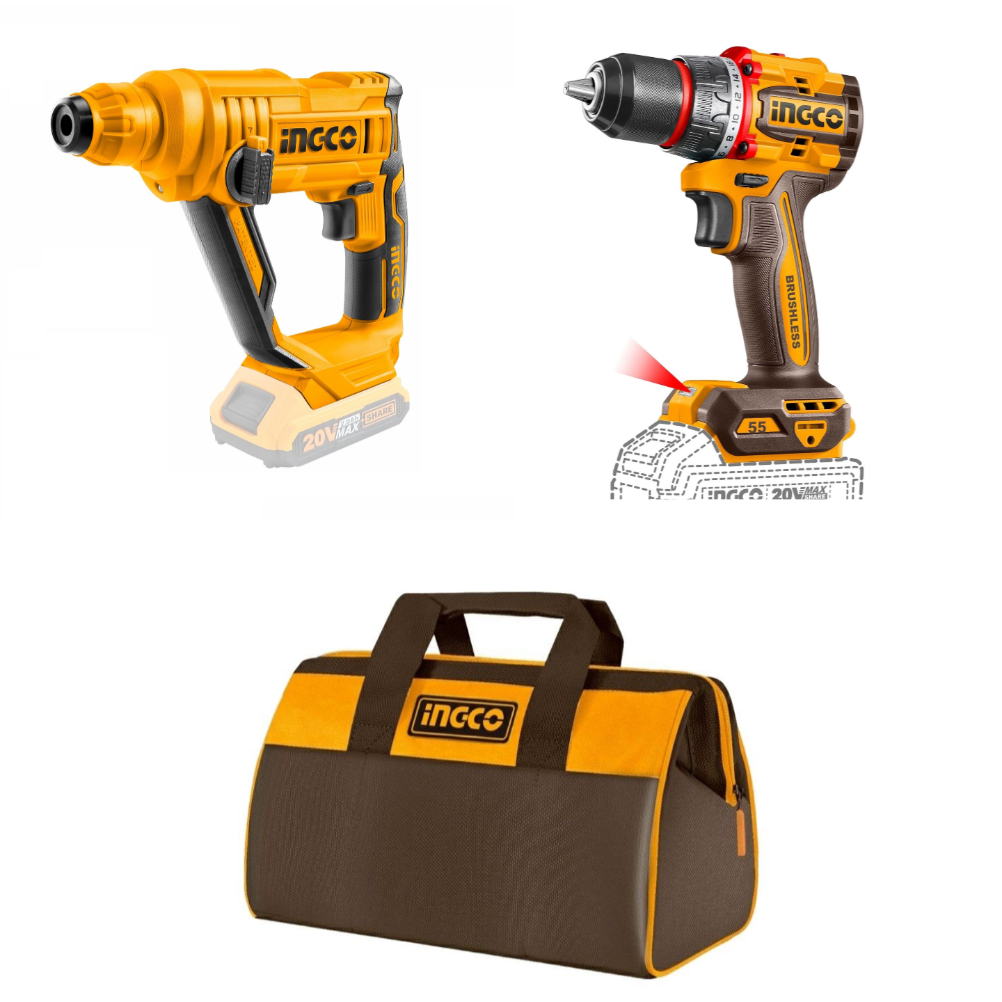 Изображение товара Набор электроинструментов Ingco CDLI205581/CRHLI1601 2 шт аккумуляторный шуруповерт и перфоратор