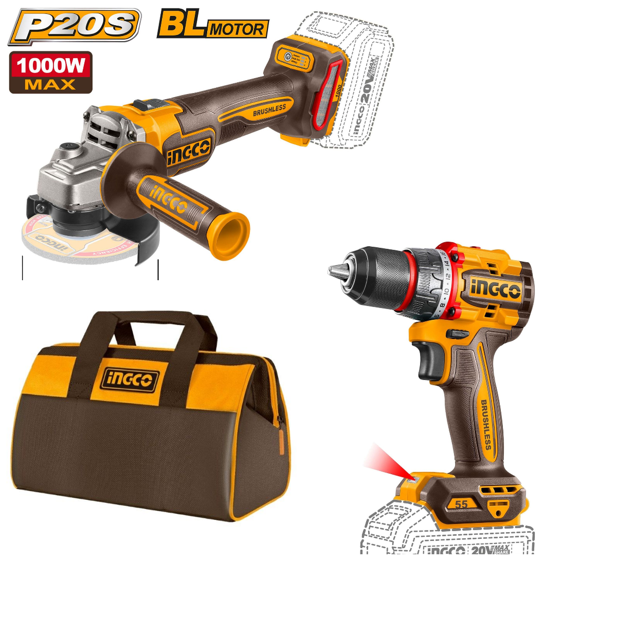 Изображение товара Набор электроинструментов Ingco шуруповерт и шлифмашина 20 В Li-Ion