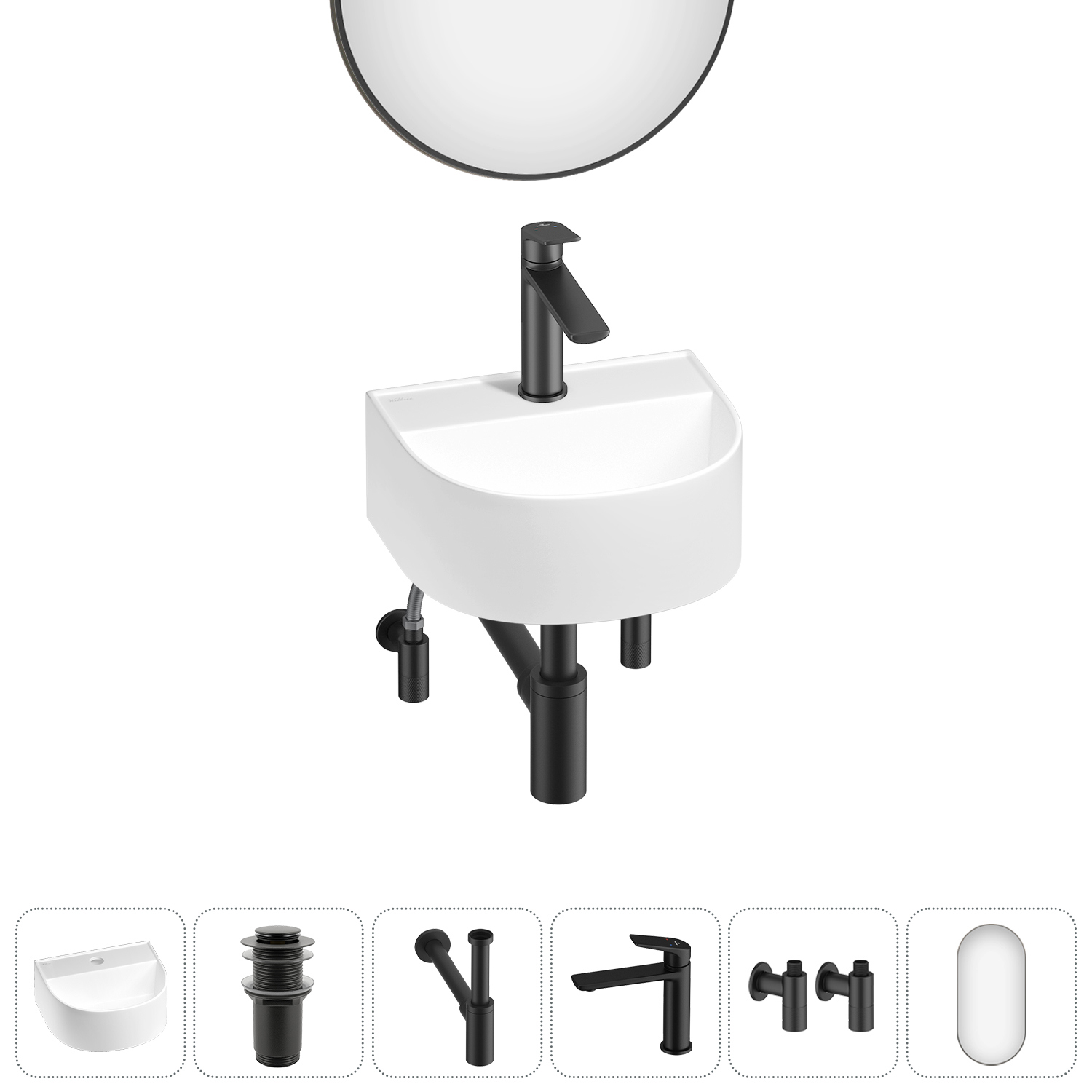 Изображение товара Раковина мини Wellsee WC Area 32см комплект 6 в 1 керамика белая+зеркало+крепеж