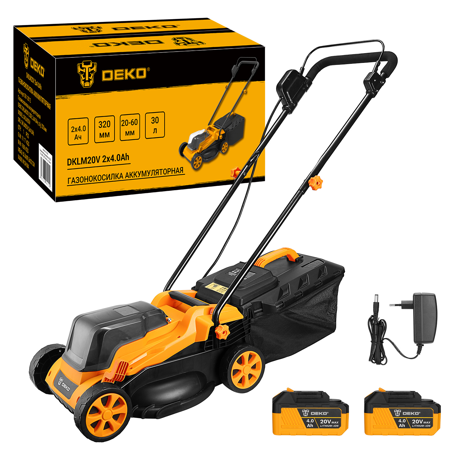Изображение товара Газонокосилка аккумуляторная Deko 081-2012 Dklm20v, 2*4.0ah 20 В 32 см 2x4 Ач АКБ и ЗУ в комплект Изображение товара Газонокосилка аккумуляторная Deko 081-2012 Dklm20v, 2*4.0ah 20 В 32 см 2x4 Ач АКБ и ЗУ в комплект