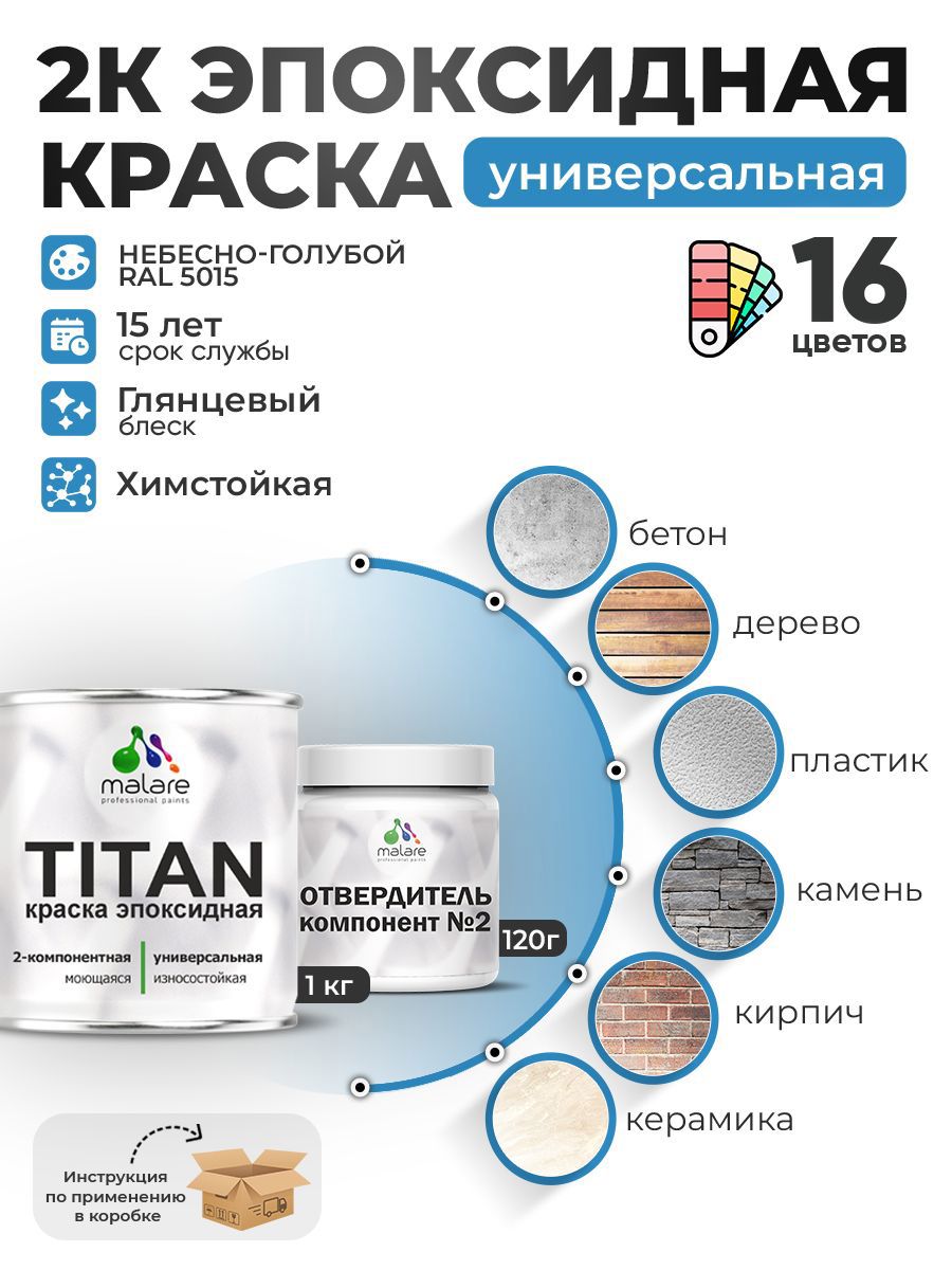 Изображение товара Краска эпоксидная двухкомпонентная Malare Titan высокопрочная глянцевая цвет RAL 5015 небесно-голубой 1 кг отвердитель 0.12 кг Изображение товара Краска эпоксидная двухкомпонентная Malare Titan высокопрочная глянцевая цвет RAL 5015 небесно-голубой 1 кг отвердитель 0.12 кг