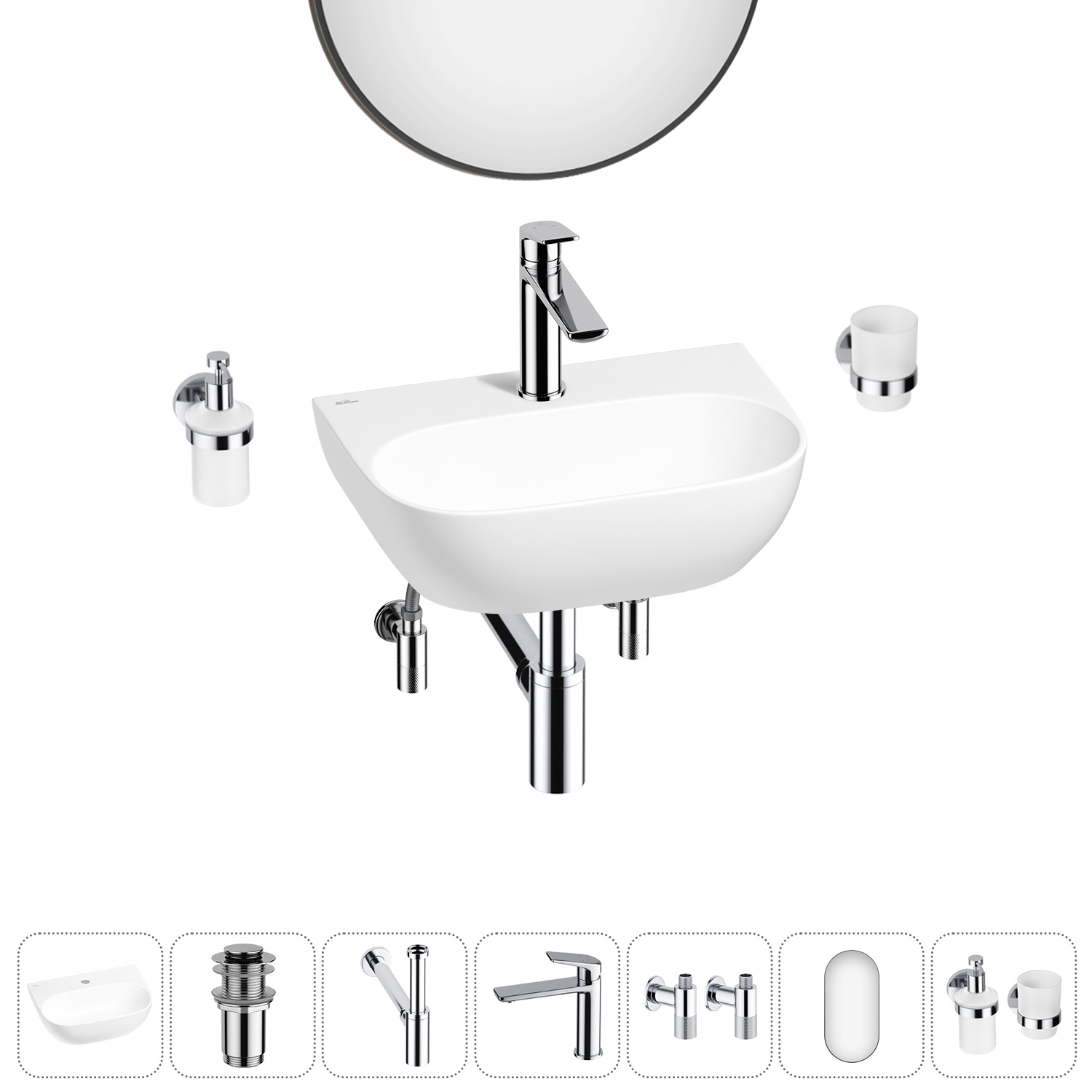 Изображение товара Мини раковина Wellsee WC Area 42 см комплект 7 в 1 с зеркалом и аксессуарами