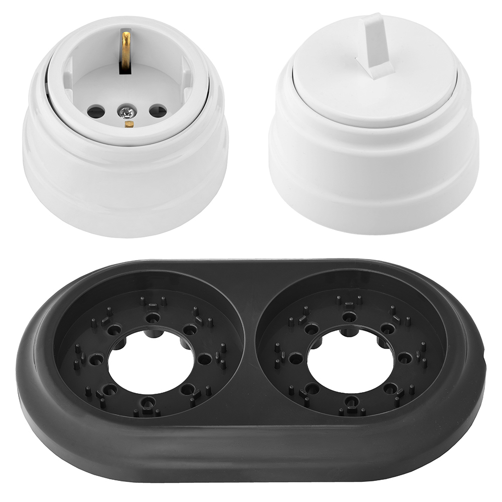 Изображение товара Розетка BYLECTRICA Комплект Ретро 2 поста с выключателем, черно-белый