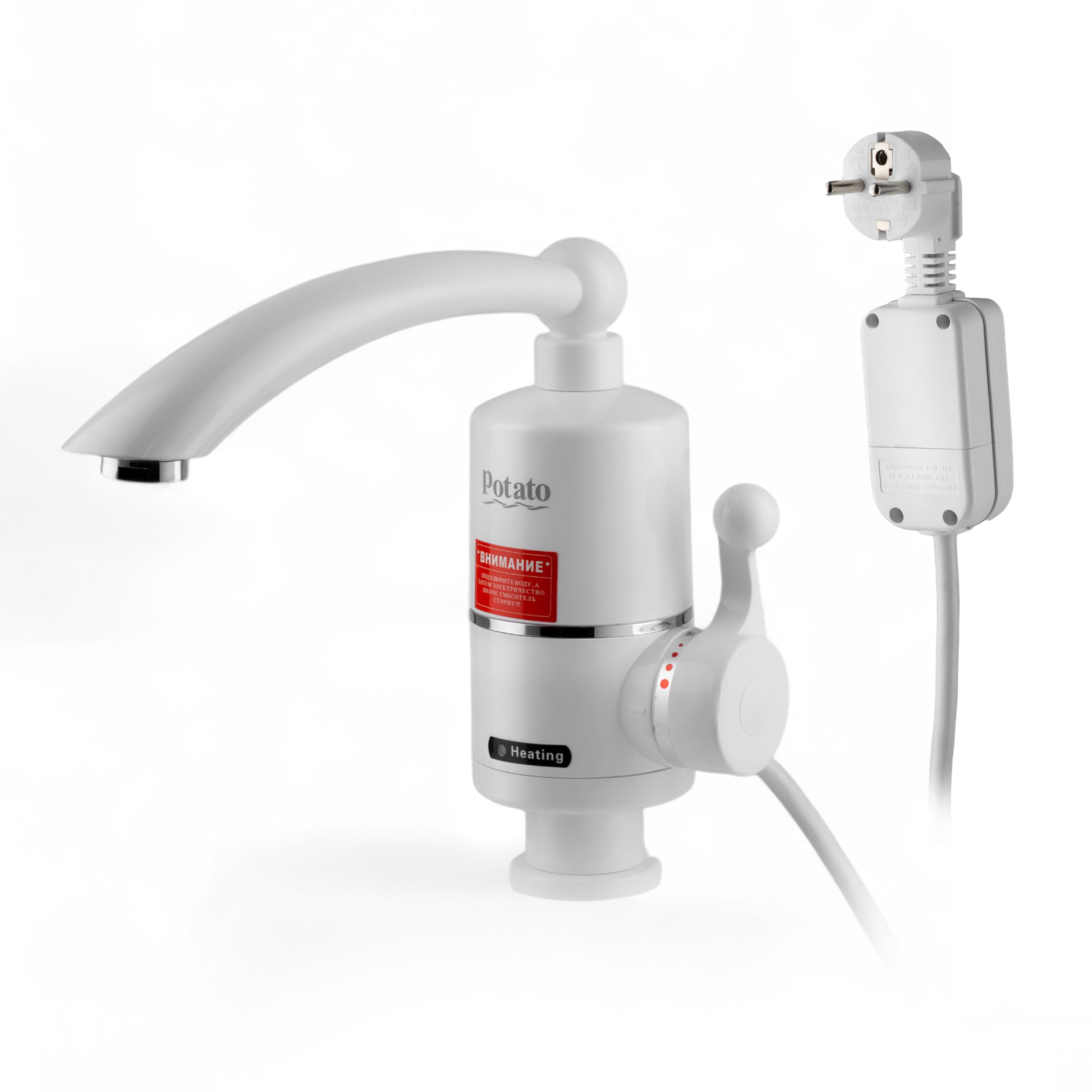 Изображение товара Проточный электрический водонагреватель Potato P0057 3.3 кВт, белый, для кухни и дачи