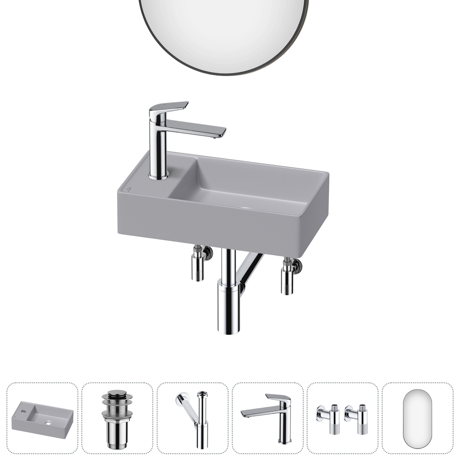 Изображение товара Раковина мини Wellsee WC Area 41 см комплект 6 в 1 с зеркалом и аксессуарами