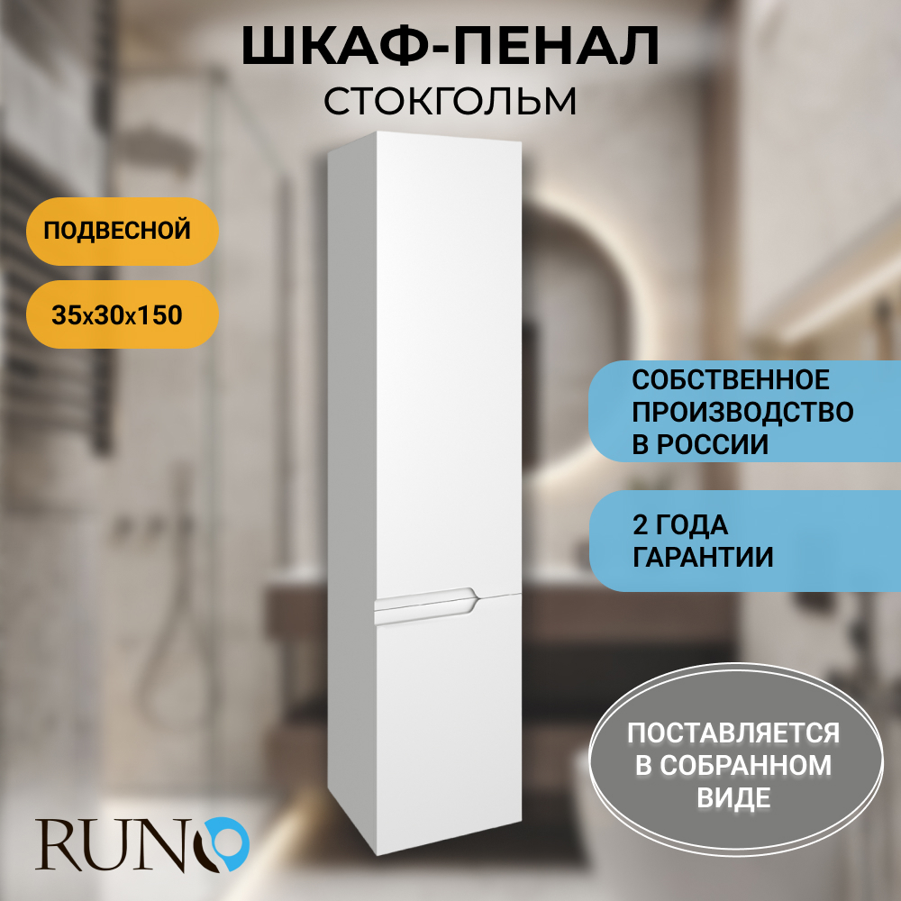 Изображение товара Шкаф-пенал для ванной комнаты Runo Стокгольм 35 см белый навесной с правым открыванием